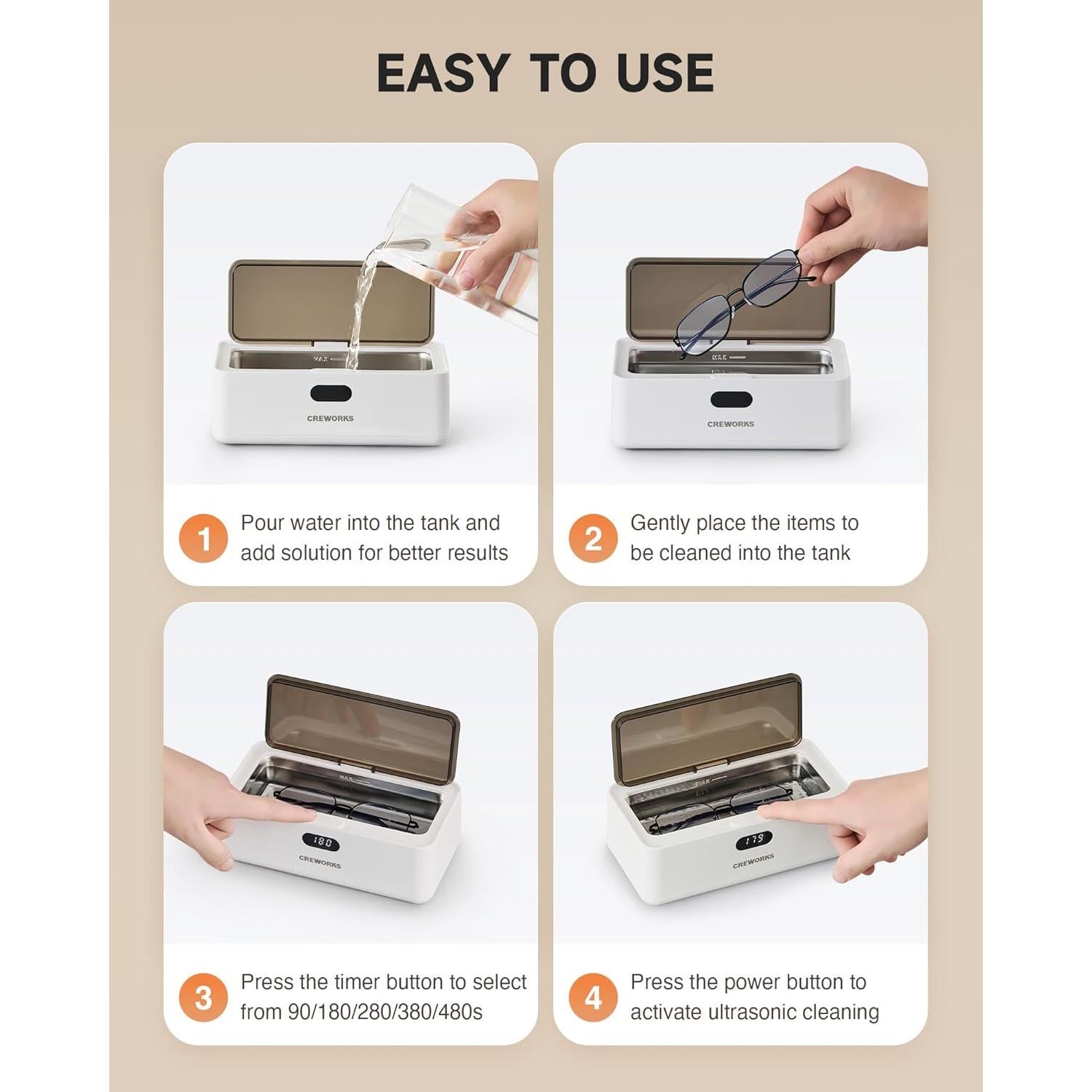 CREWORKS Ultrasonic Jewelry Cleaning Machine, 17 oz. Sterling Silver Jewelry Cleaner with 5 Timer Settings, Stainless Steel Ultrasound Parts Cleaner with Buttons for Glasses Ring Coin Makeup Brush