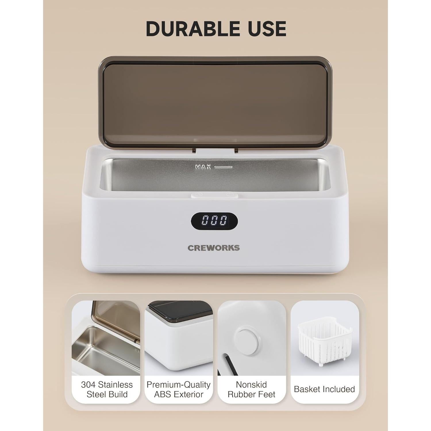 CREWORKS Ultrasonic Jewelry Cleaning Machine, 17 oz. Sterling Silver Jewelry Cleaner with 5 Timer Settings, Stainless Steel Ultrasound Parts Cleaner with Buttons for Glasses Ring Coin Makeup Brush