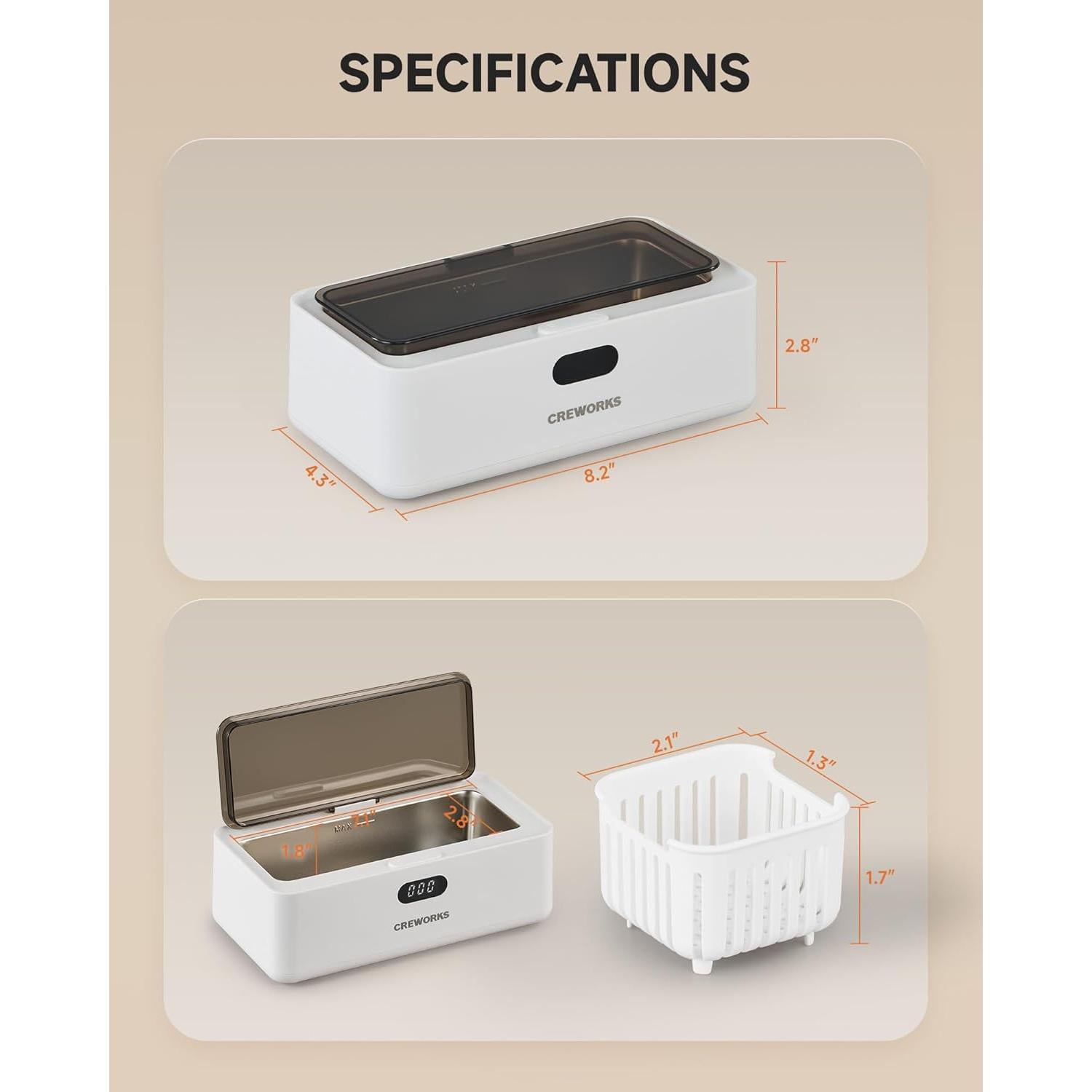 CREWORKS Ultrasonic Jewelry Cleaning Machine, 17 oz. Sterling Silver Jewelry Cleaner with 5 Timer Settings, Stainless Steel Ultrasound Parts Cleaner with Buttons for Glasses Ring Coin Makeup Brush