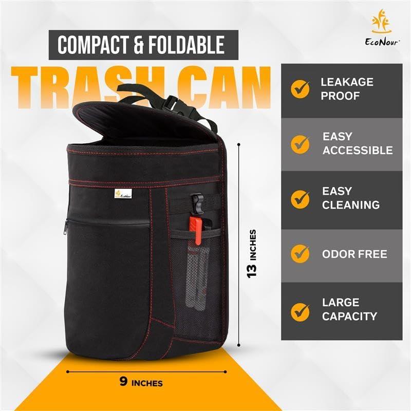 Basurero de Coche EcoNour 9.46L con Tapa y Bolsillos - Negro