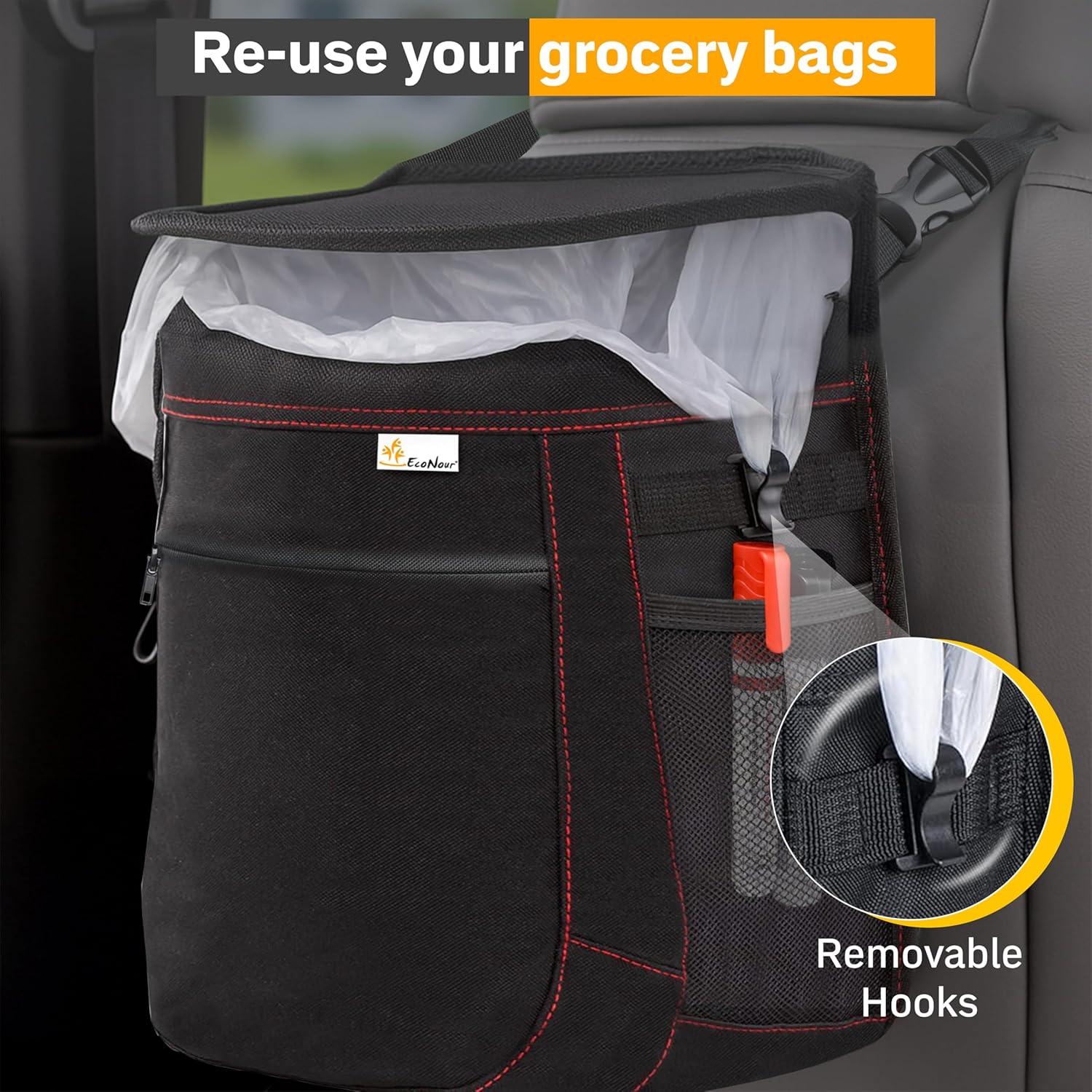 Basurero de Coche EcoNour 9.46L con Tapa y Bolsillos - Negro