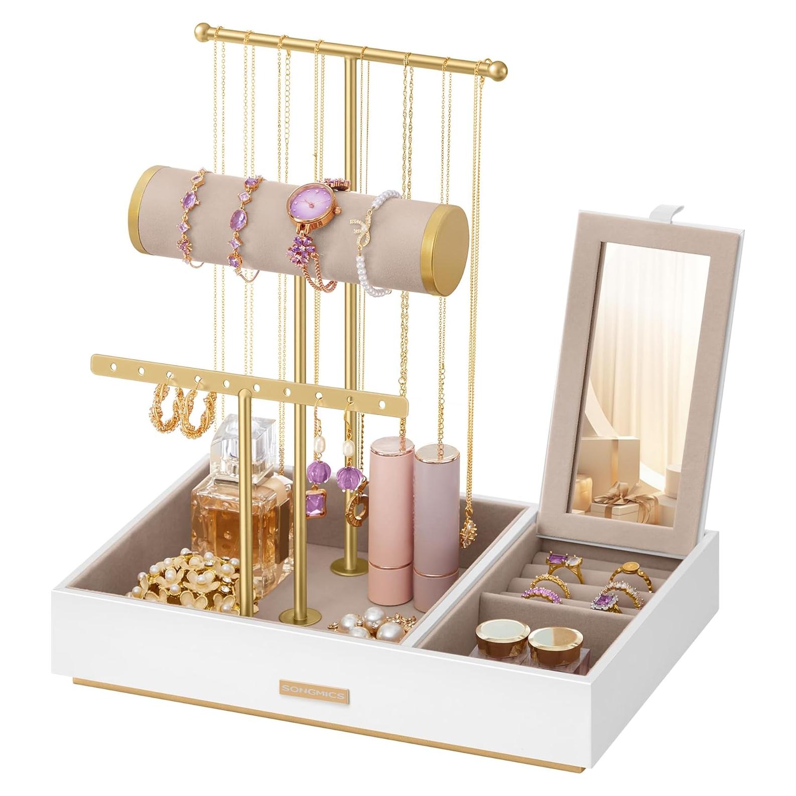 Soporte de Joyería SONGMICS con Espejo y 5 Secciones Blanco/Dorado
