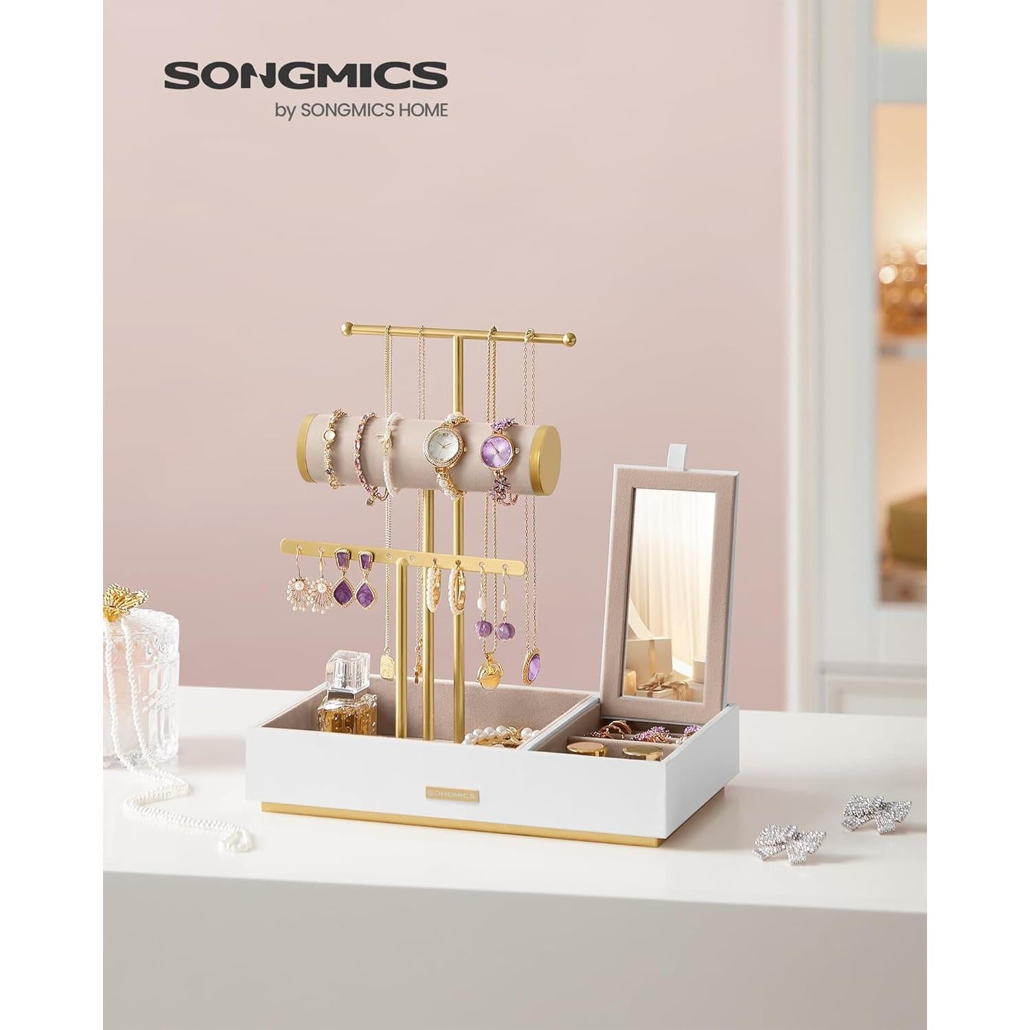 Soporte de Joyería SONGMICS con Espejo y 5 Secciones Blanco/Dorado