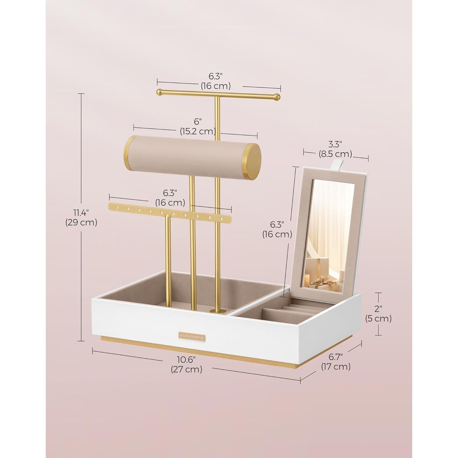 Soporte de Joyería SONGMICS con Espejo y 5 Secciones Blanco/Dorado