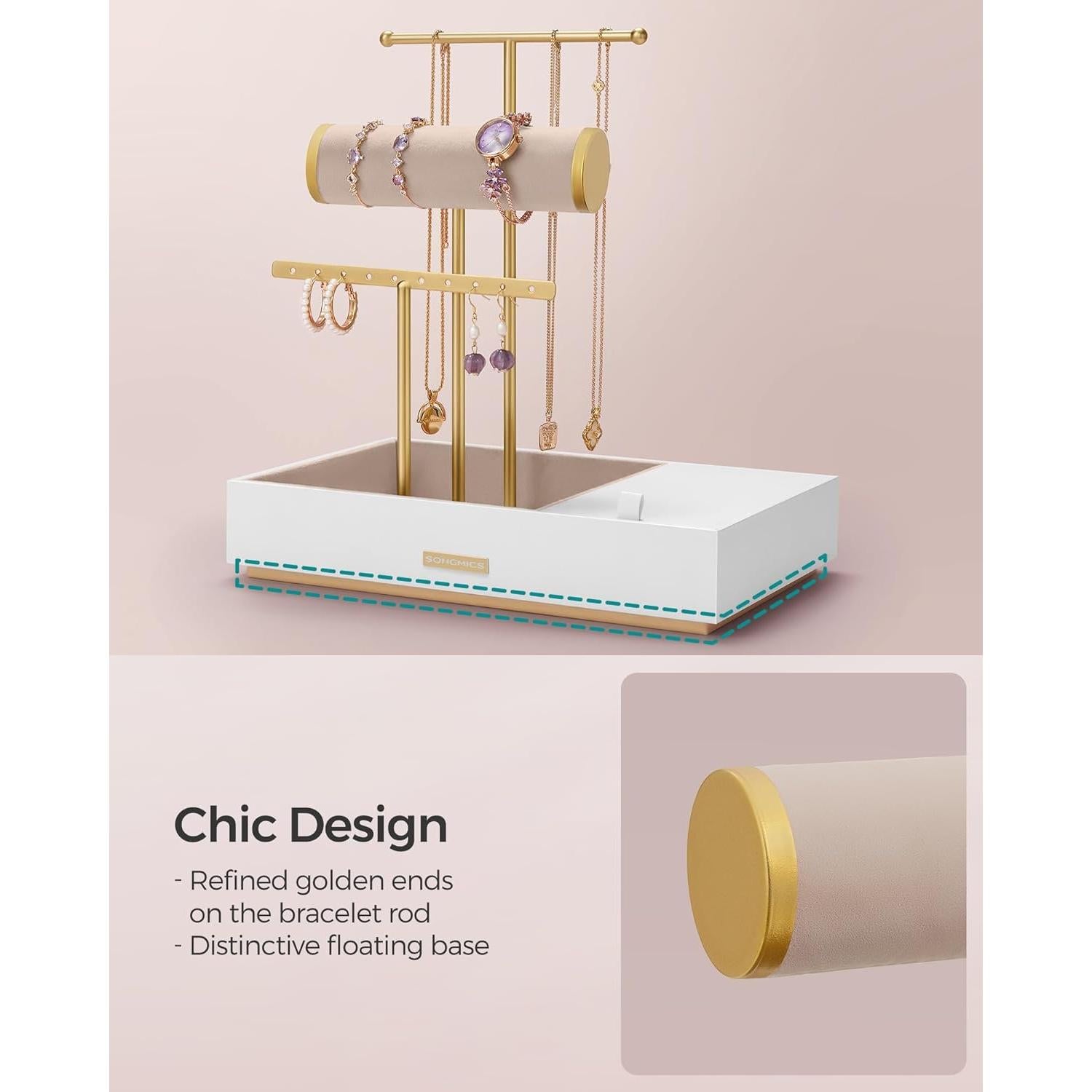 Soporte de Joyería SONGMICS con Espejo y 5 Secciones Blanco/Dorado