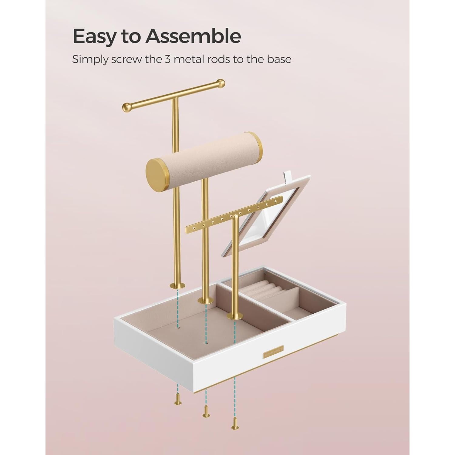 Soporte de Joyería SONGMICS con Espejo y 5 Secciones Blanco/Dorado