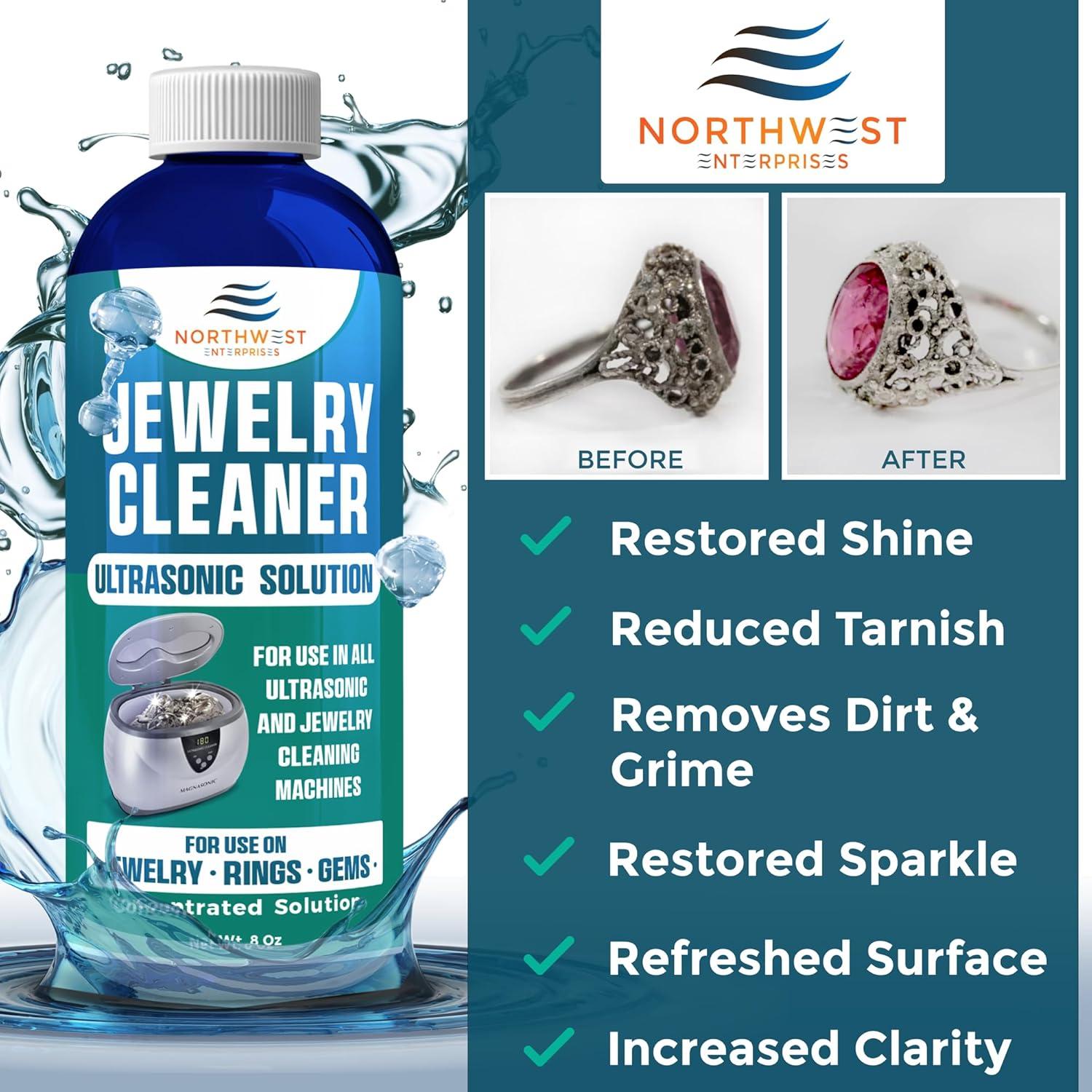 NORTHWEST ENTERPRISES Jewelry Cleaner, Ultrasonic Jewelry Cleaner Solution - Cleans Gold, Silver, Platinum, Diamonds, Non-Porous, & Semi-Precious Jewelry (8 Ounce)