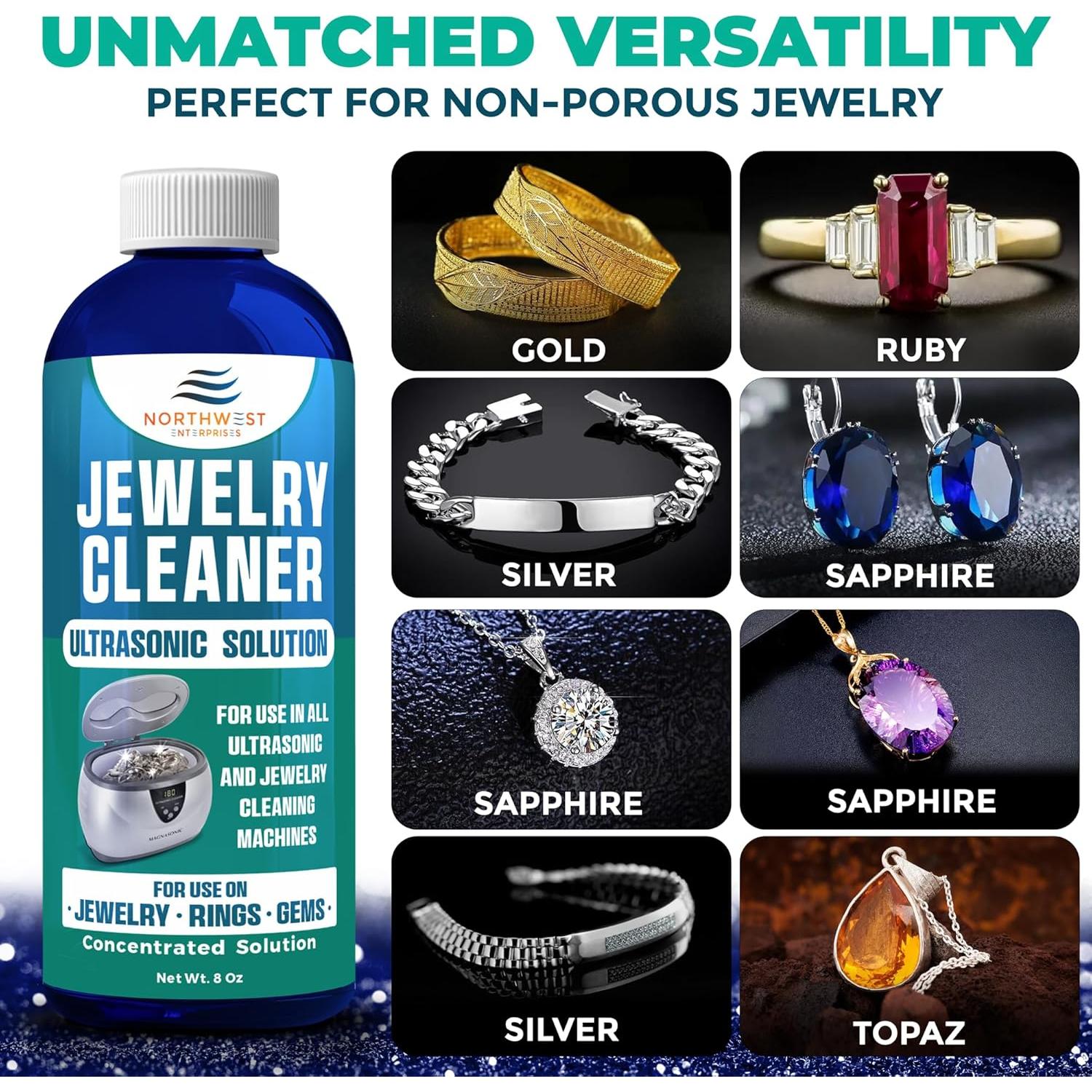 NORTHWEST ENTERPRISES Jewelry Cleaner, Ultrasonic Jewelry Cleaner Solution - Cleans Gold, Silver, Platinum, Diamonds, Non-Porous, & Semi-Precious Jewelry (8 Ounce)