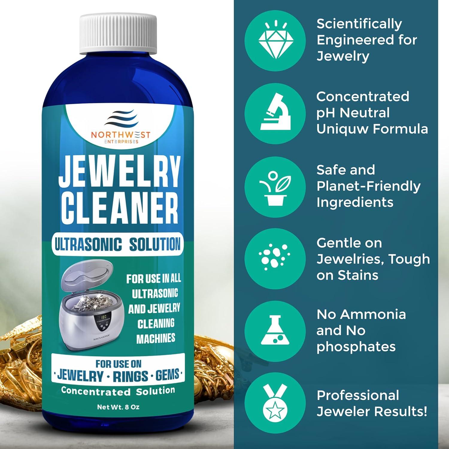 NORTHWEST ENTERPRISES Jewelry Cleaner, Ultrasonic Jewelry Cleaner Solution - Cleans Gold, Silver, Platinum, Diamonds, Non-Porous, & Semi-Precious Jewelry (8 Ounce)