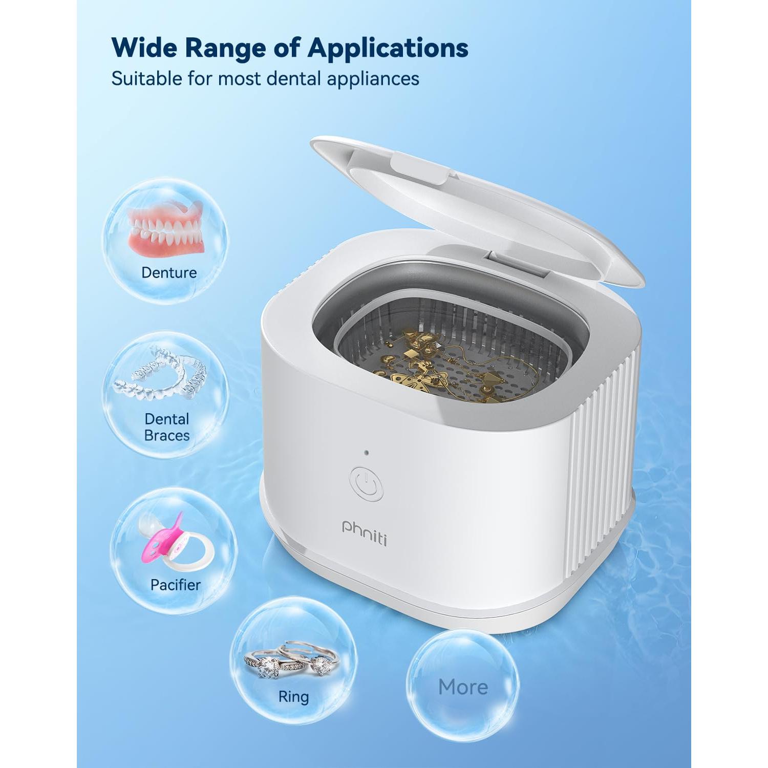 Ultrasonic Jewelry Cleaner, Phniti 46kHz Professional Portable Ultrasonic Retainer Cleaner Machine with Timer for Dental Retainer, Mouth Guard, Watch, Ring, Diamond - Household Use, White