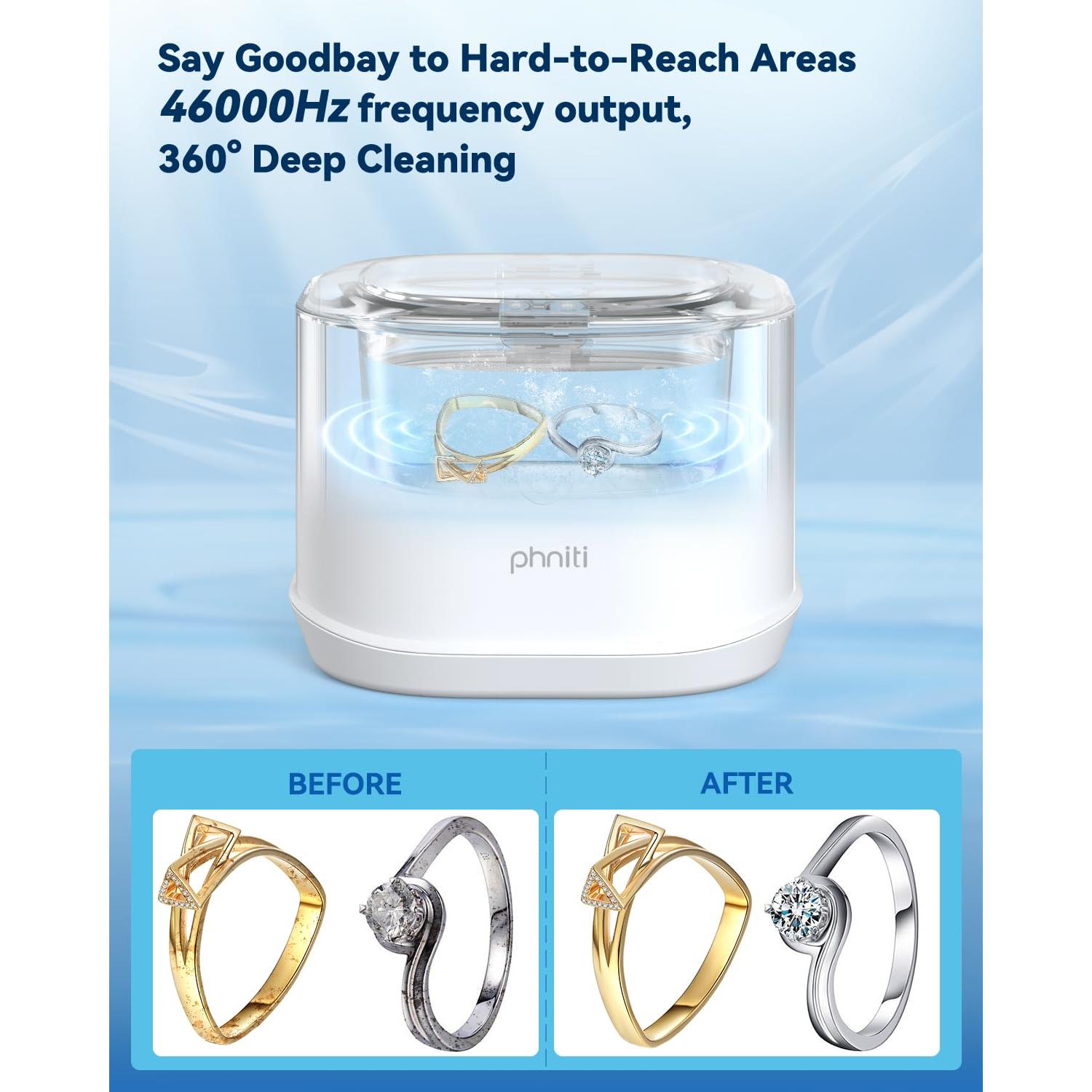 Ultrasonic Jewelry Cleaner, Phniti 46kHz Professional Portable Ultrasonic Retainer Cleaner Machine with Timer for Dental Retainer, Mouth Guard, Watch, Ring, Diamond - Household Use, White