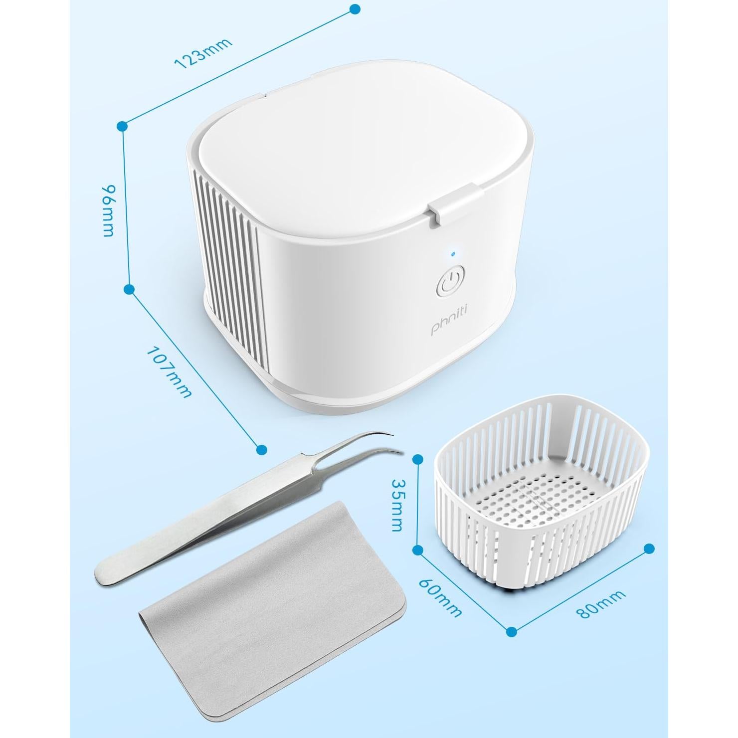 Ultrasonic Jewelry Cleaner, Phniti 46kHz Professional Portable Ultrasonic Retainer Cleaner Machine with Timer for Dental Retainer, Mouth Guard, Watch, Ring, Diamond - Household Use, White