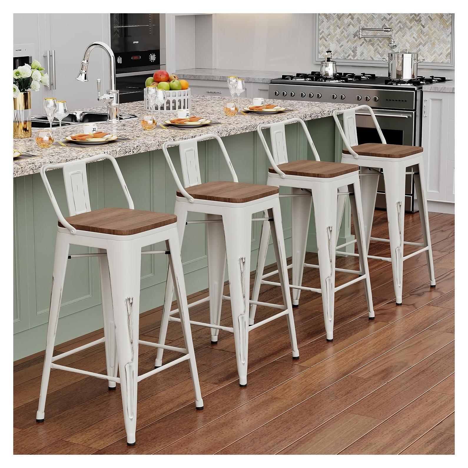 Alunaune 24" Metal Bar Stools Set of 4 Counter Height Barstools Industrial Counter Stool Kitchen Bar Chairs with Modern Wooden Seat, Distressed White