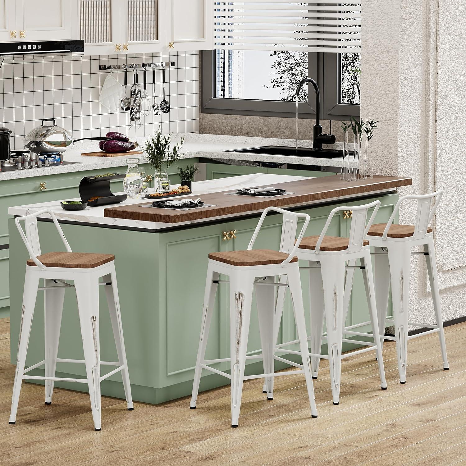 Alunaune 24" Metal Bar Stools Set of 4 Counter Height Barstools Industrial Counter Stool Kitchen Bar Chairs with Modern Wooden Seat, Distressed White