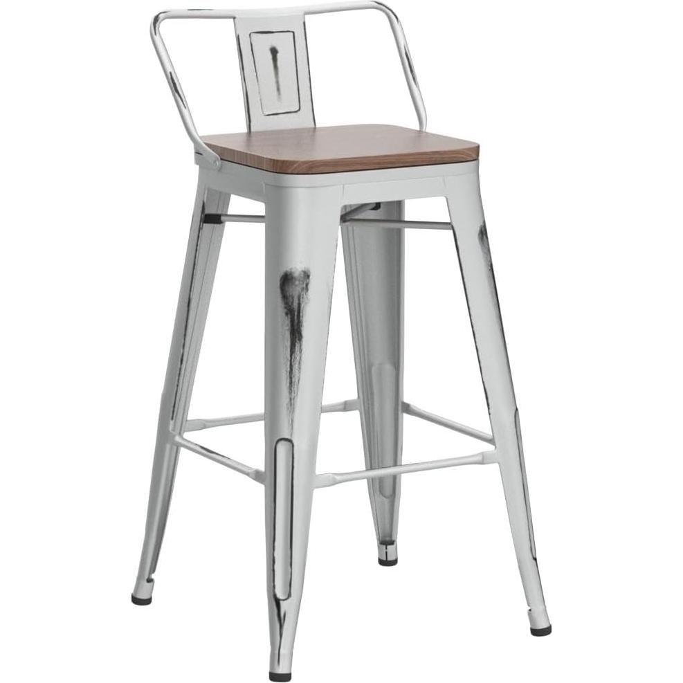 Alunaune 24" Metal Bar Stools Set of 4 Counter Height Barstools Industrial Counter Stool Kitchen Bar Chairs with Modern Wooden Seat, Distressed White