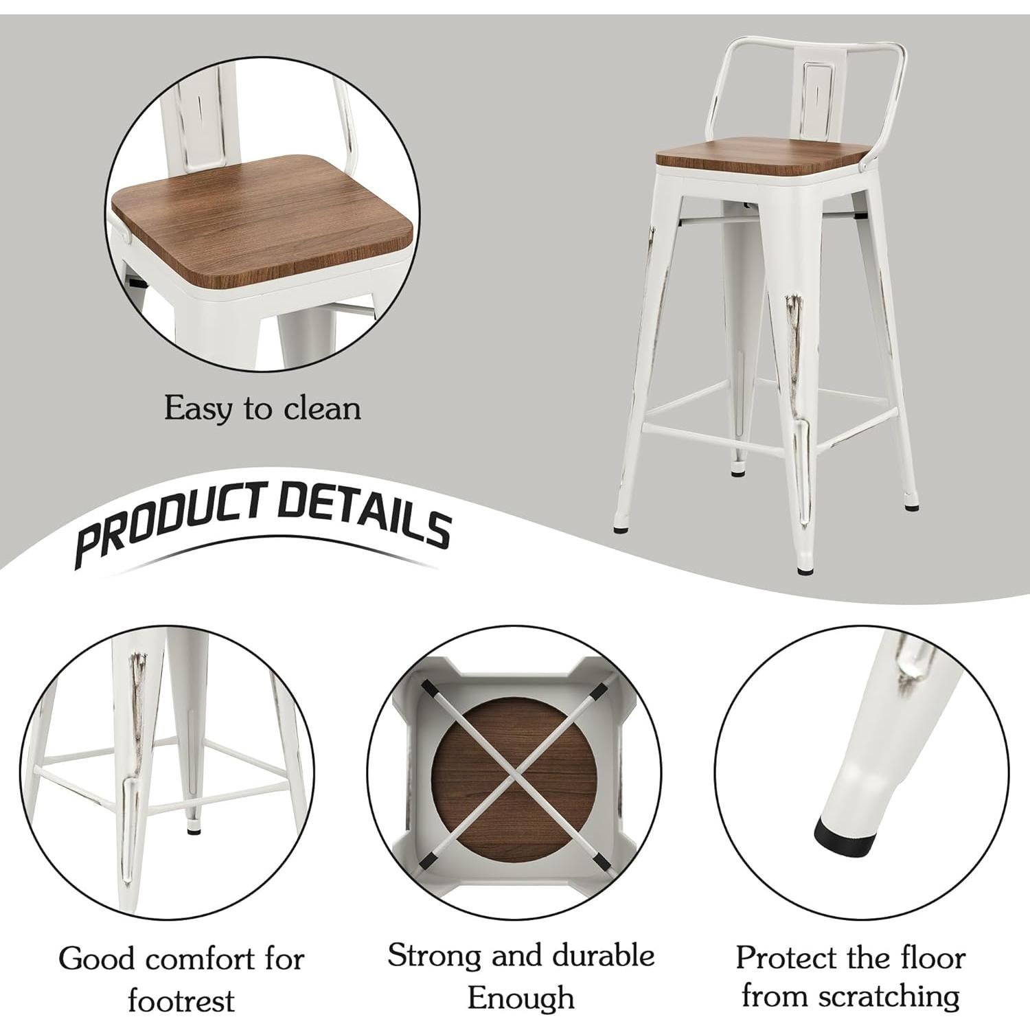 Alunaune 24" Metal Bar Stools Set of 4 Counter Height Barstools Industrial Counter Stool Kitchen Bar Chairs with Modern Wooden Seat, Distressed White