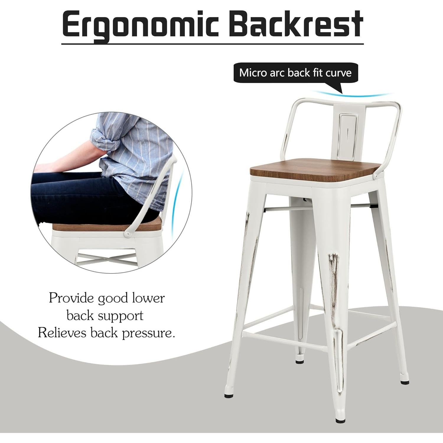 Alunaune 24" Metal Bar Stools Set of 4 Counter Height Barstools Industrial Counter Stool Kitchen Bar Chairs with Modern Wooden Seat, Distressed White