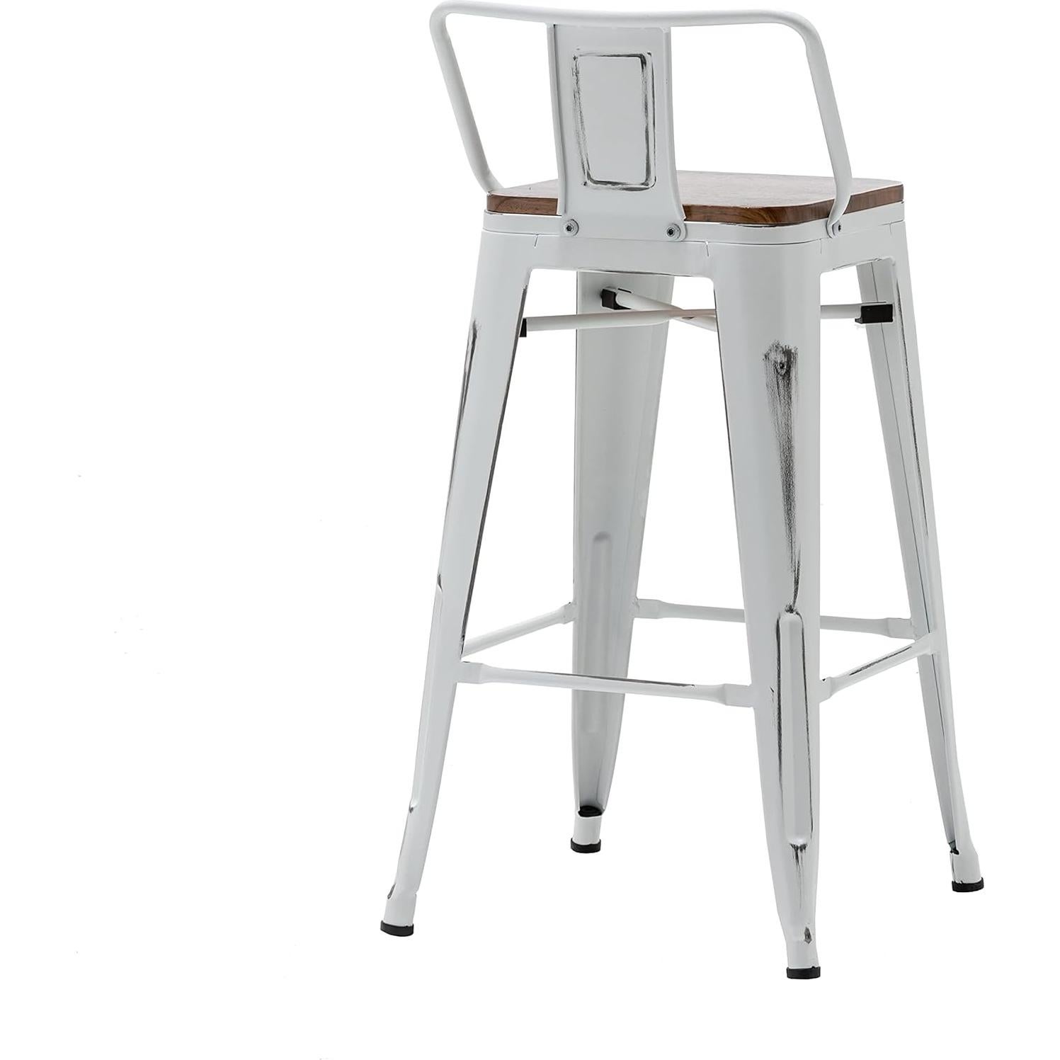 Alunaune 24" Metal Bar Stools Set of 4 Counter Height Barstools Industrial Counter Stool Kitchen Bar Chairs with Modern Wooden Seat, Distressed White