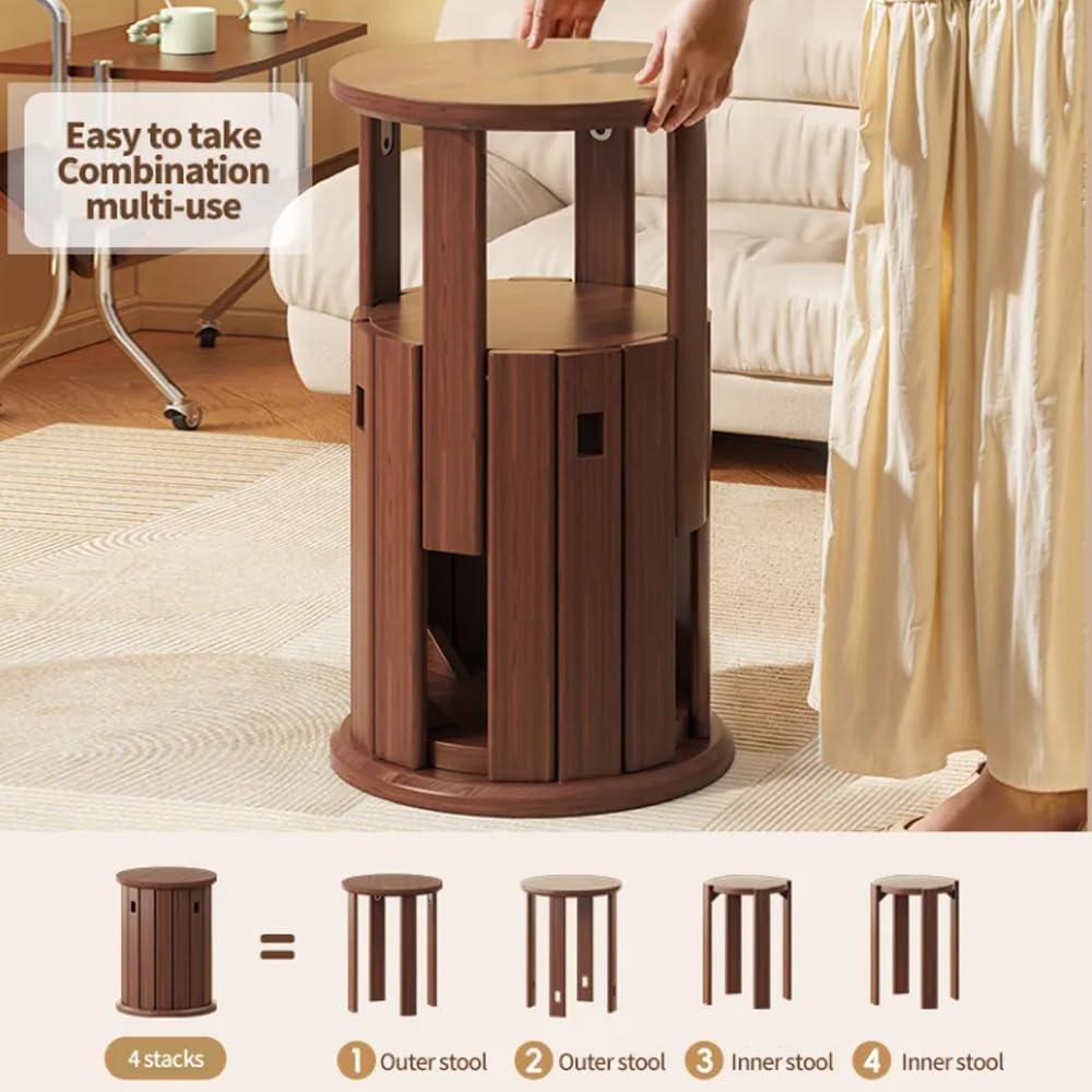 Stackable Stools Set of 4, Wooden Stacking Stools, 18 Inch Round Nesting Table, Multifunctional Solid Wood Chairs Set for Kitchen, Living Room, Bar