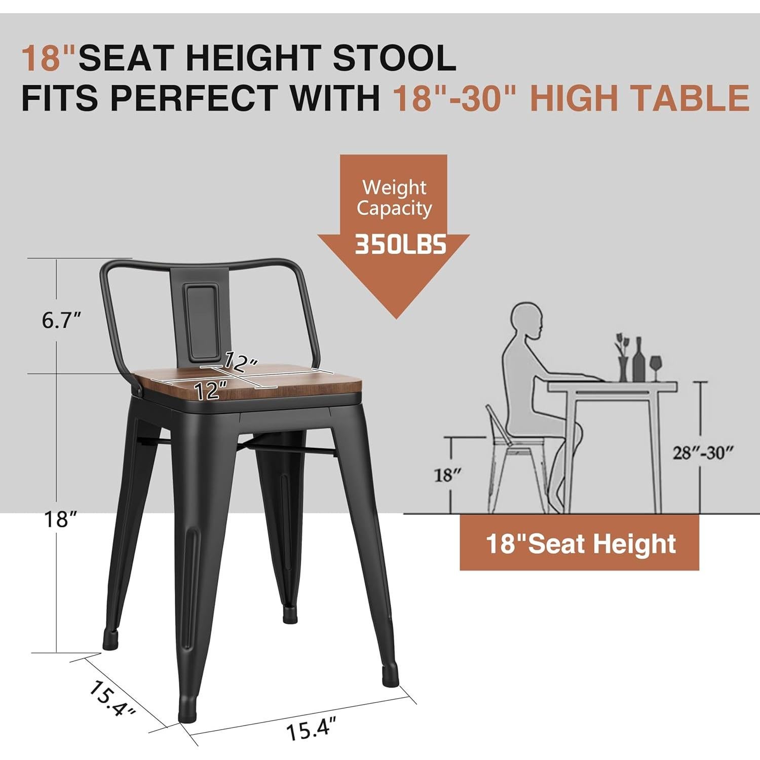 Juego de 4 Taburetes de Bar Metal Changjie 45.72 cm Negro