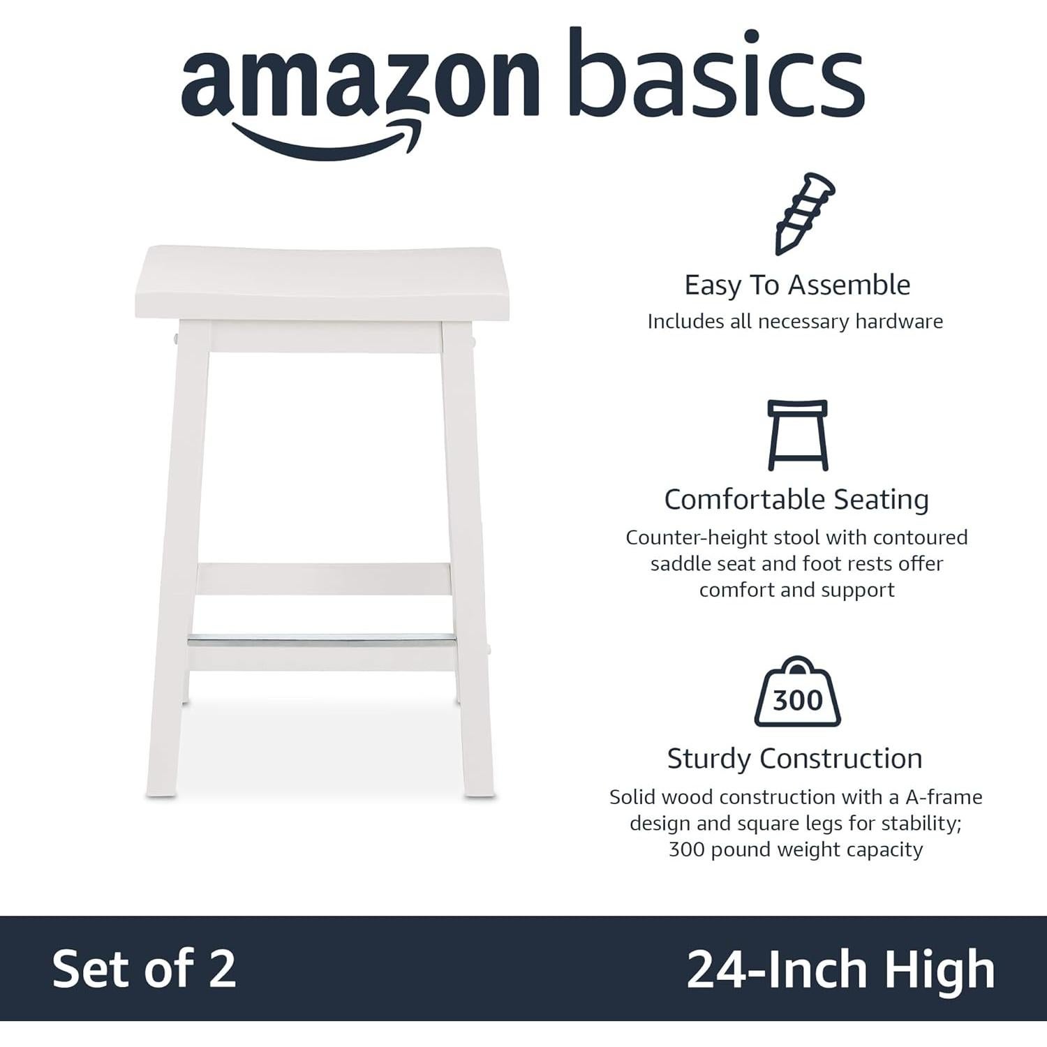 Taburete de cocina Amazon Basics blanco madera maciza 61 cm - Juego de 2