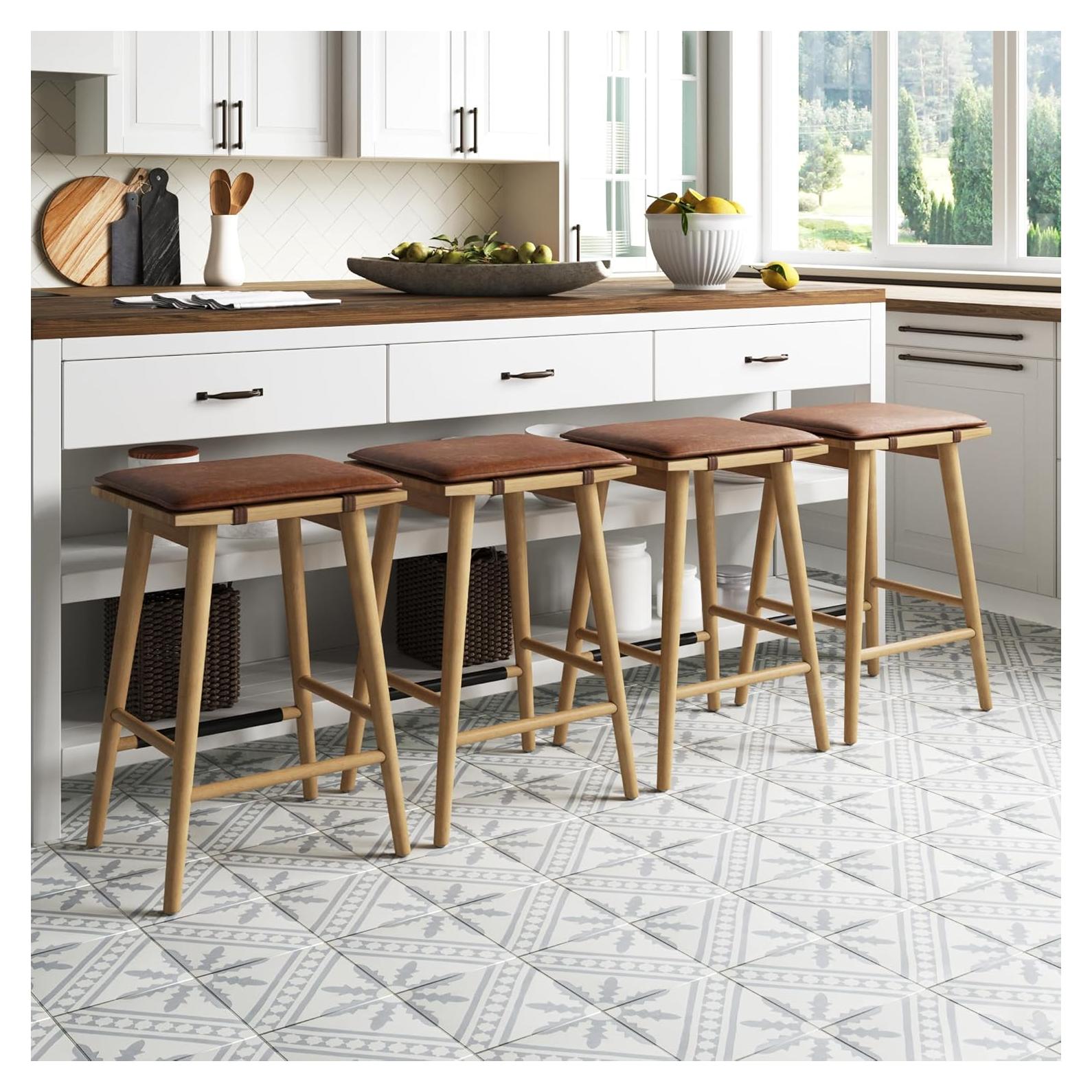 Taburete de Bar Nathan James Barker 64 cm Madera y Cuero - Juego de 4