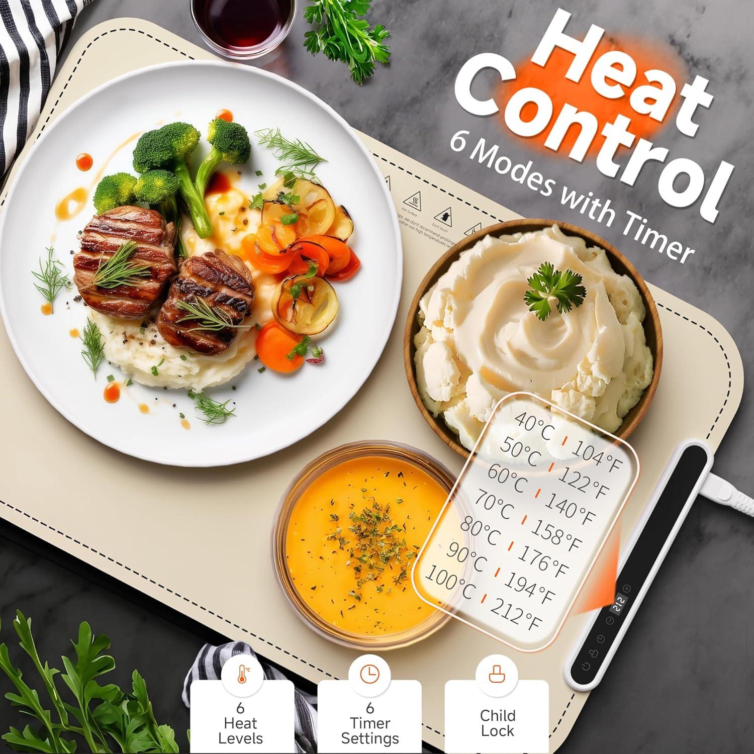 Warming Mat for Food - Electric Warming Tray, Full Surface Rapid Heating Food Warmer Mat with 6 Temperature Settings, Silicone Heating Pad for Party Buffet, Great Gift for Women (Beige, XL)