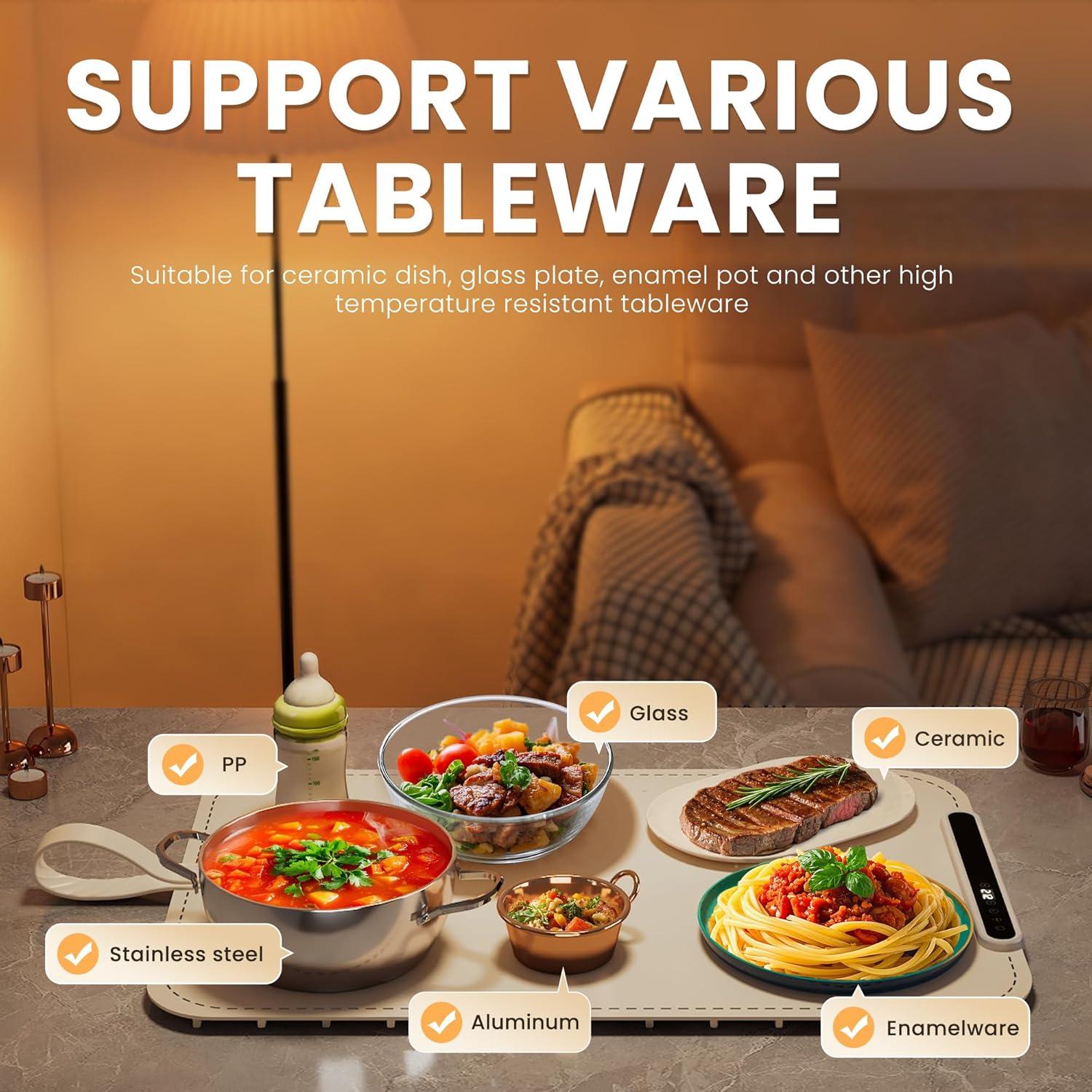 Warming Mat for Food - Electric Warming Tray, Full Surface Rapid Heating Food Warmer Mat with 6 Temperature Settings, Silicone Heating Pad for Party Buffet, Great Gift for Women (Beige, XL)