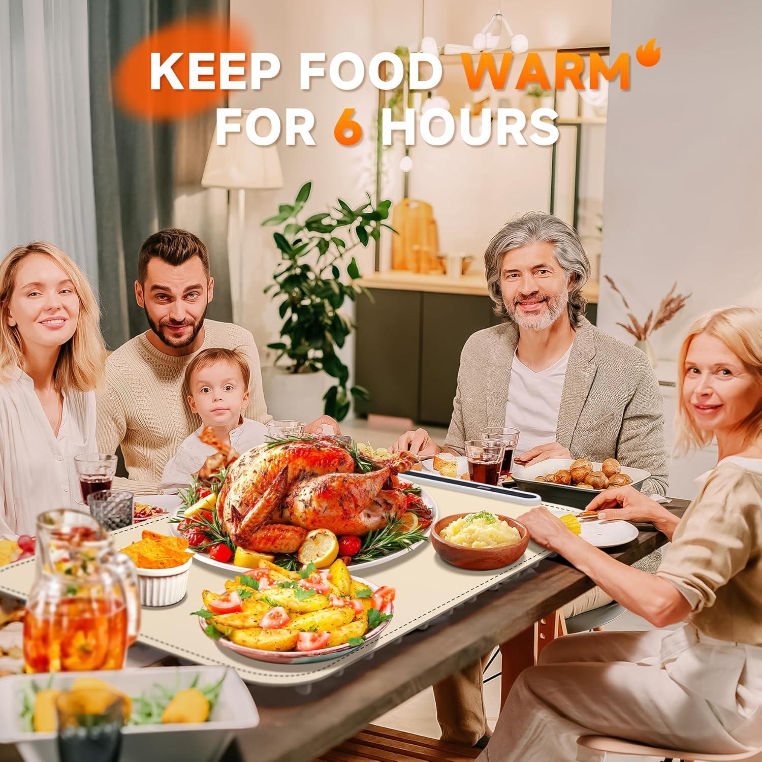 Warming Mat for Food - Electric Warming Tray, Full Surface Rapid Heating Food Warmer Mat with 6 Temperature Settings, Silicone Heating Pad for Party Buffet, Great Gift for Women (Beige, XL)