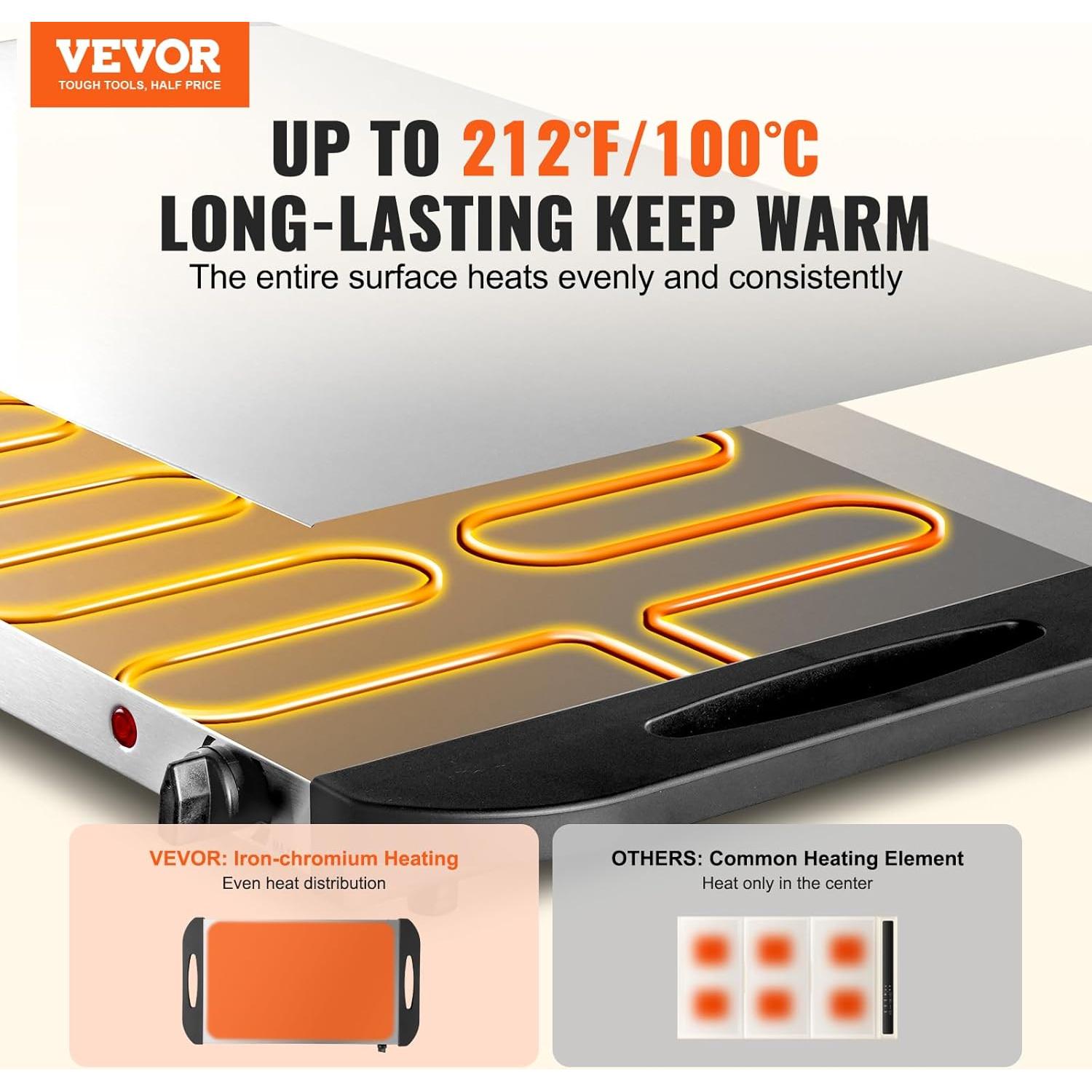 Bandeja Calentadora Eléctrica VEVOR 64x36cm Acero Inoxidable