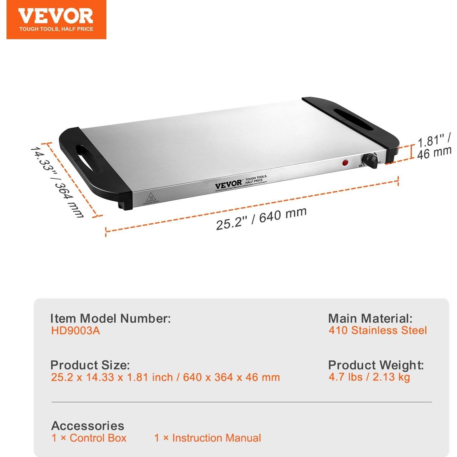 Bandeja Calentadora Eléctrica VEVOR 64x36cm Acero Inoxidable