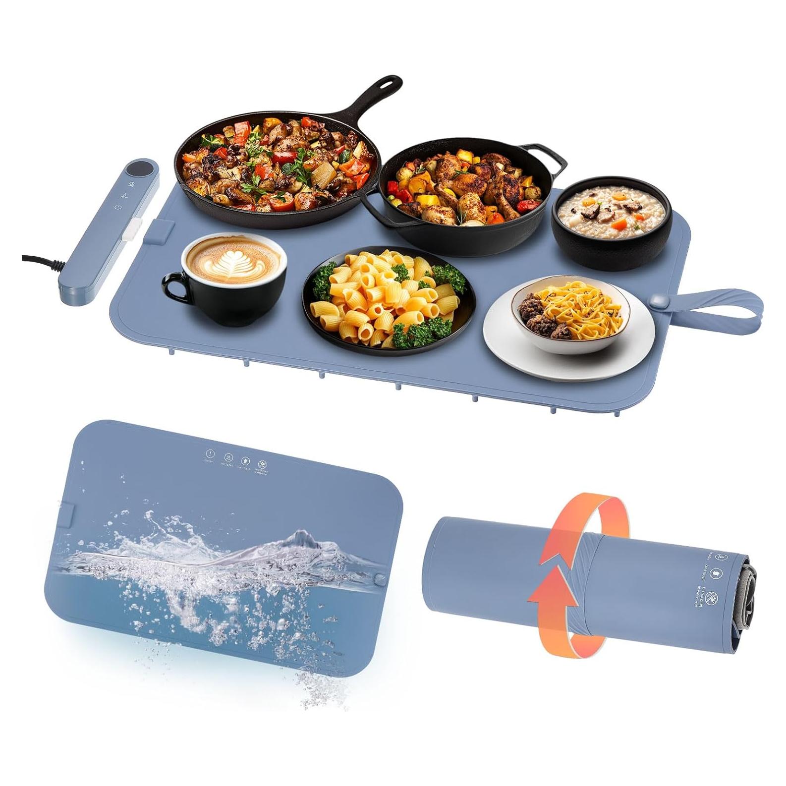 Upgrade Food Warming Mat - Electric Warming Tray with 6 Temperature Settings and 6 Hours Timer, Full Surface Graphene Heating Food Warmer, Roll Up Heating Tray for Buffet,Blue