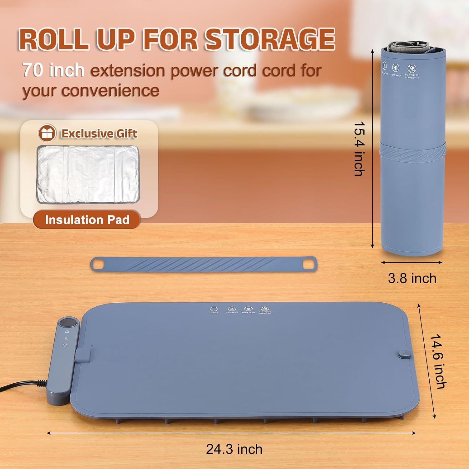 Upgrade Food Warming Mat - Electric Warming Tray with 6 Temperature Settings and 6 Hours Timer, Full Surface Graphene Heating Food Warmer, Roll Up Heating Tray for Buffet,Blue