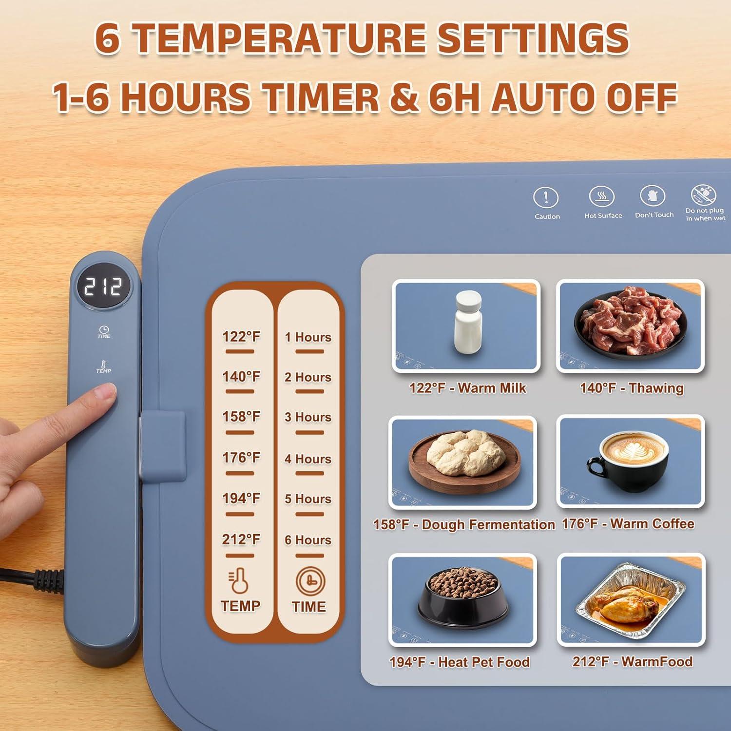 Upgrade Food Warming Mat - Electric Warming Tray with 6 Temperature Settings and 6 Hours Timer, Full Surface Graphene Heating Food Warmer, Roll Up Heating Tray for Buffet,Blue