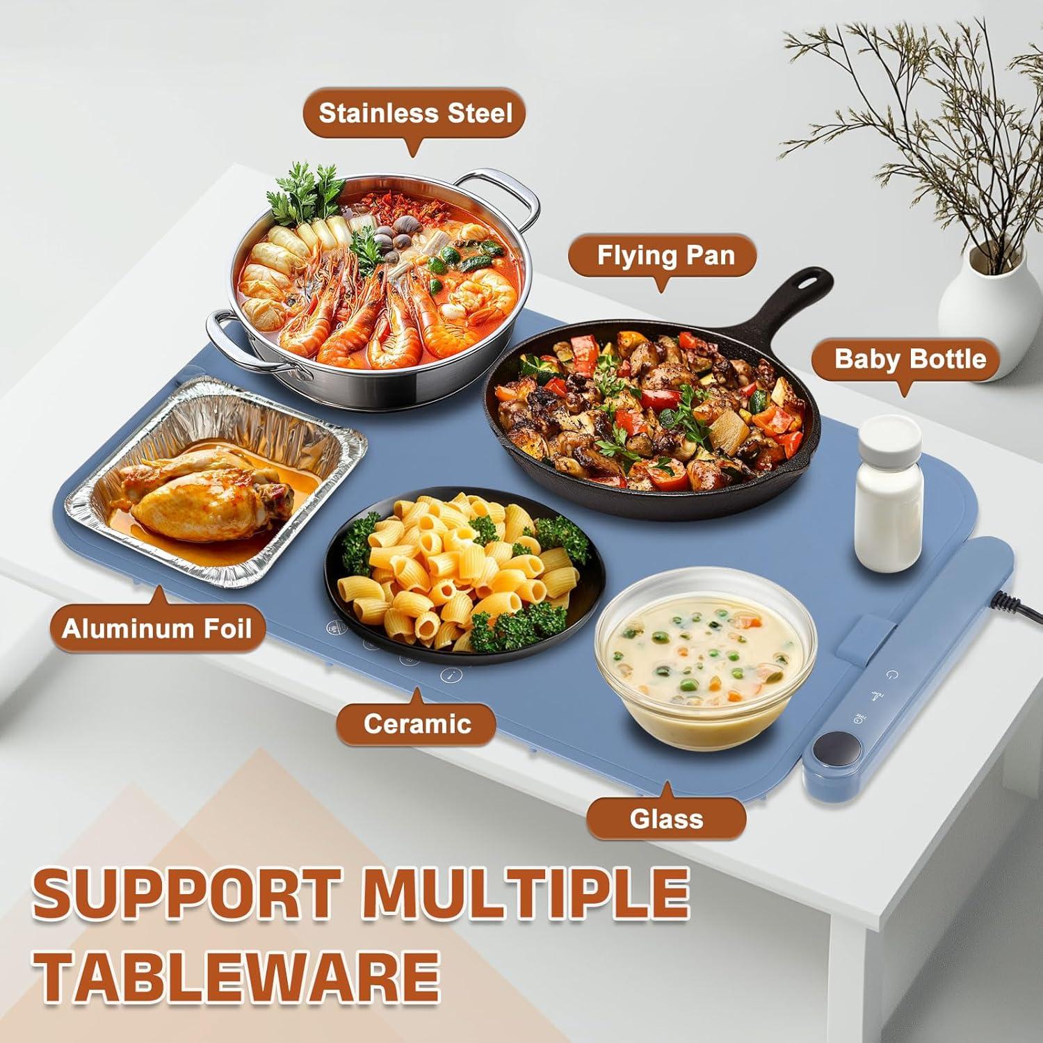 Upgrade Food Warming Mat - Electric Warming Tray with 6 Temperature Settings and 6 Hours Timer, Full Surface Graphene Heating Food Warmer, Roll Up Heating Tray for Buffet,Blue