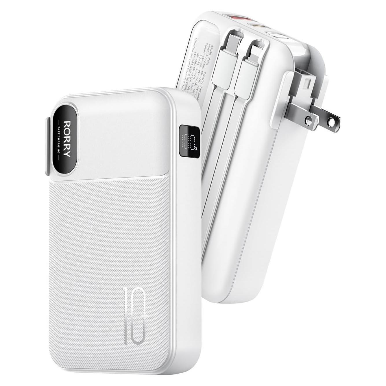 Cargador Portátil RORRY 10000mAh con Enchufe y Cables Integrados