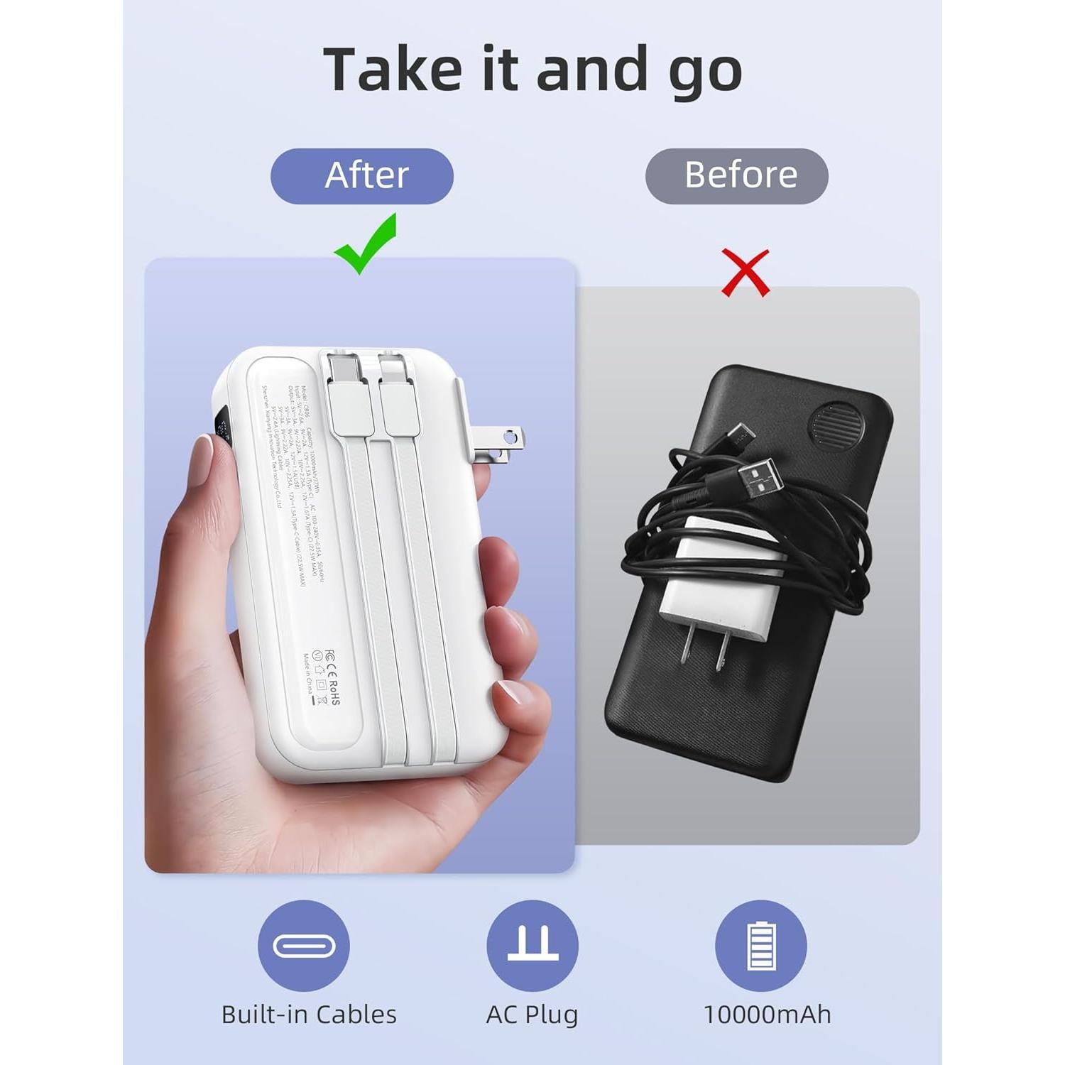 Cargador Portátil RORRY 10000mAh con Enchufe y Cables Integrados