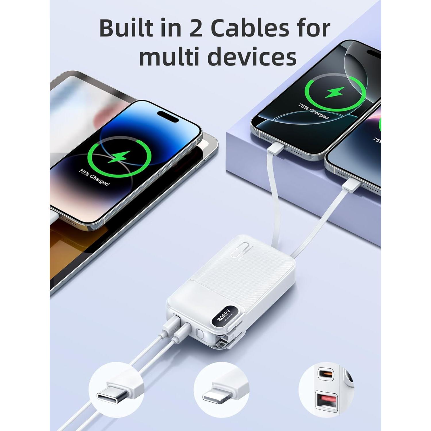 Cargador Portátil RORRY 10000mAh con Enchufe y Cables Integrados