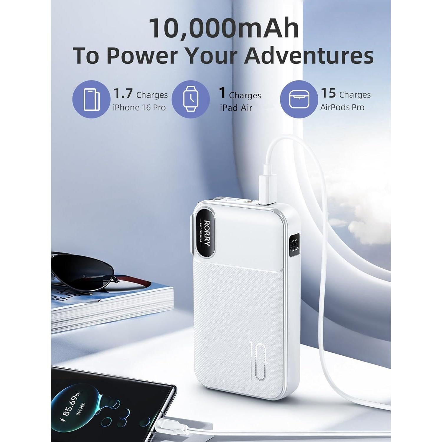 Cargador Portátil RORRY 10000mAh con Enchufe y Cables Integrados