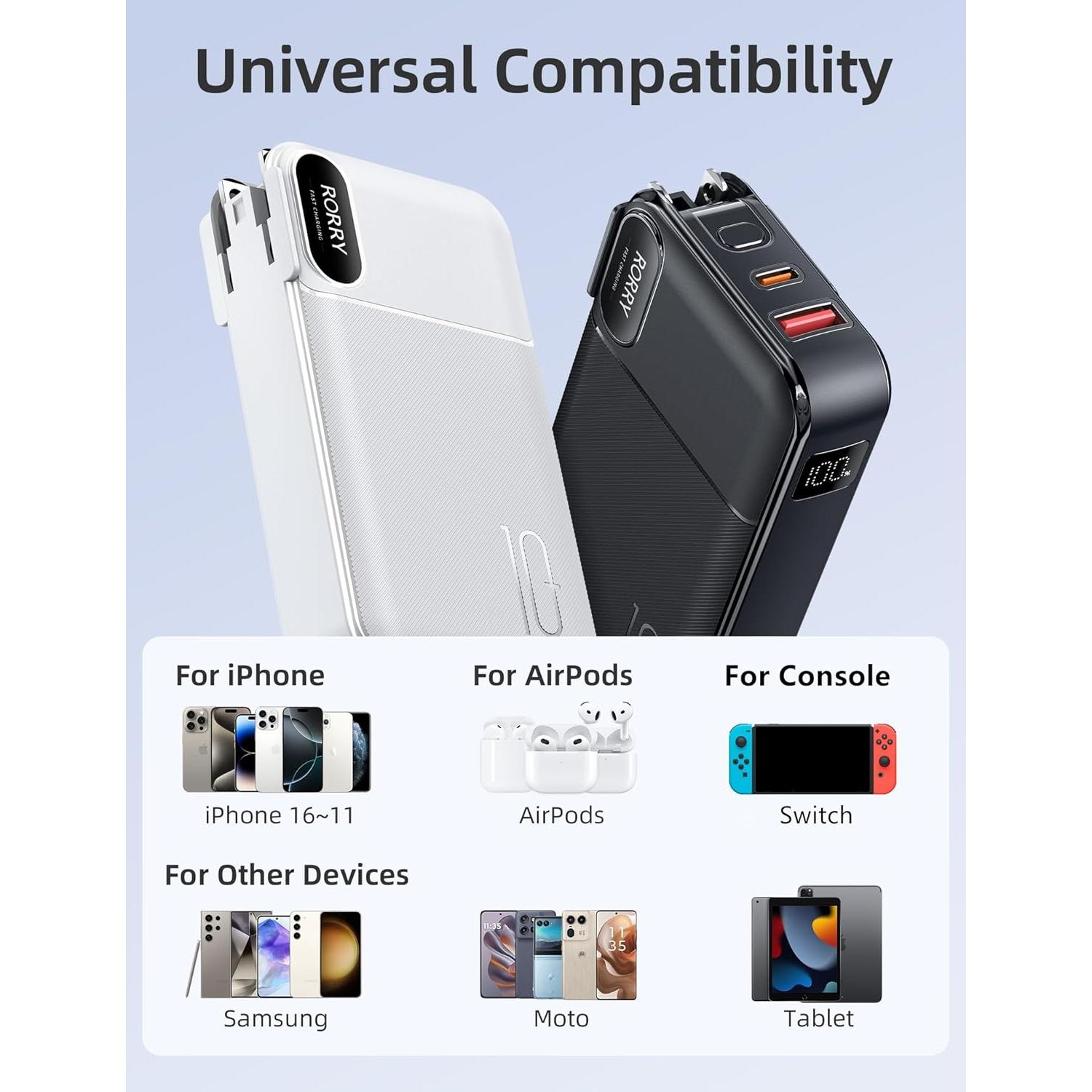 Cargador Portátil RORRY 10000mAh con Enchufe y Cables Integrados