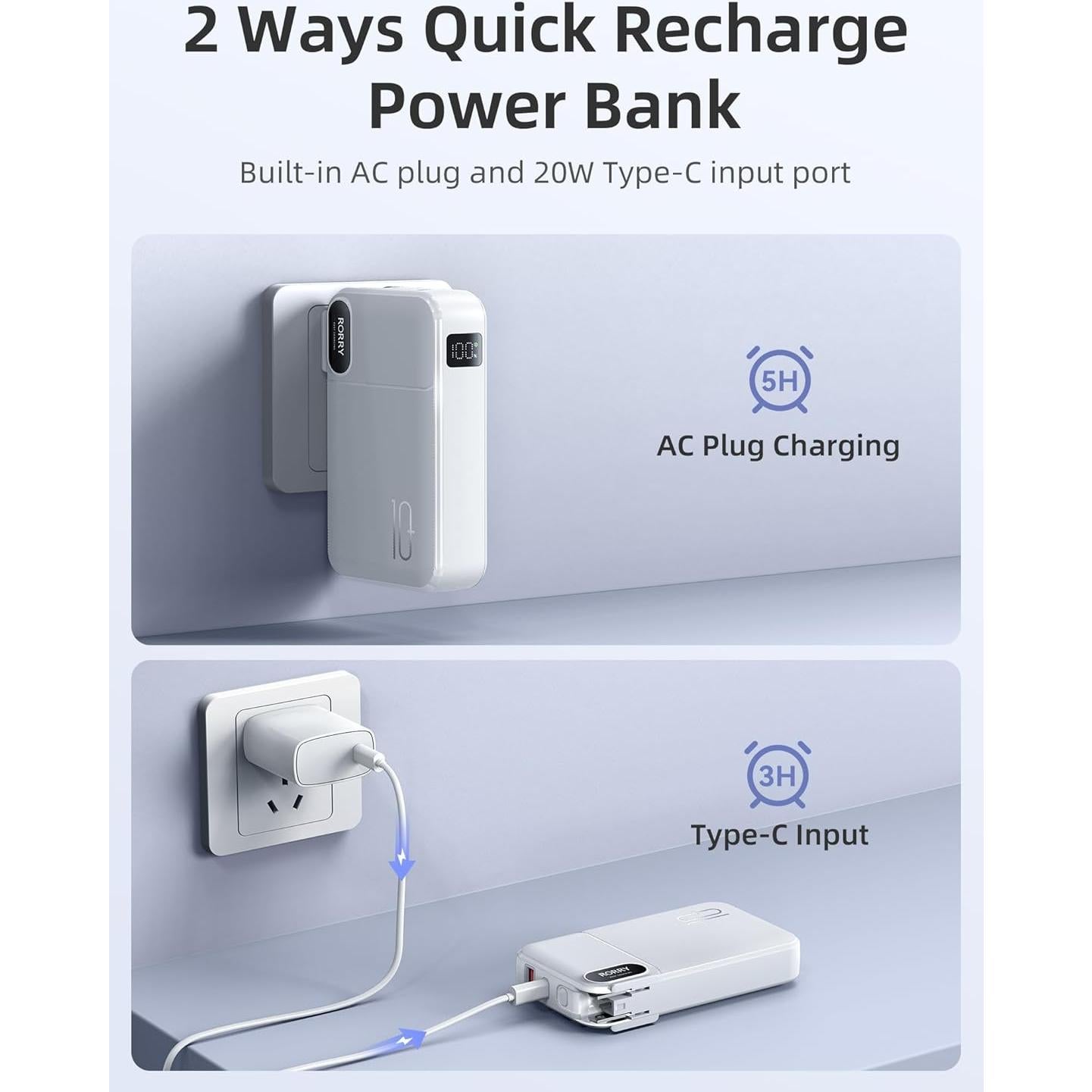 Cargador Portátil RORRY 10000mAh con Enchufe y Cables Integrados