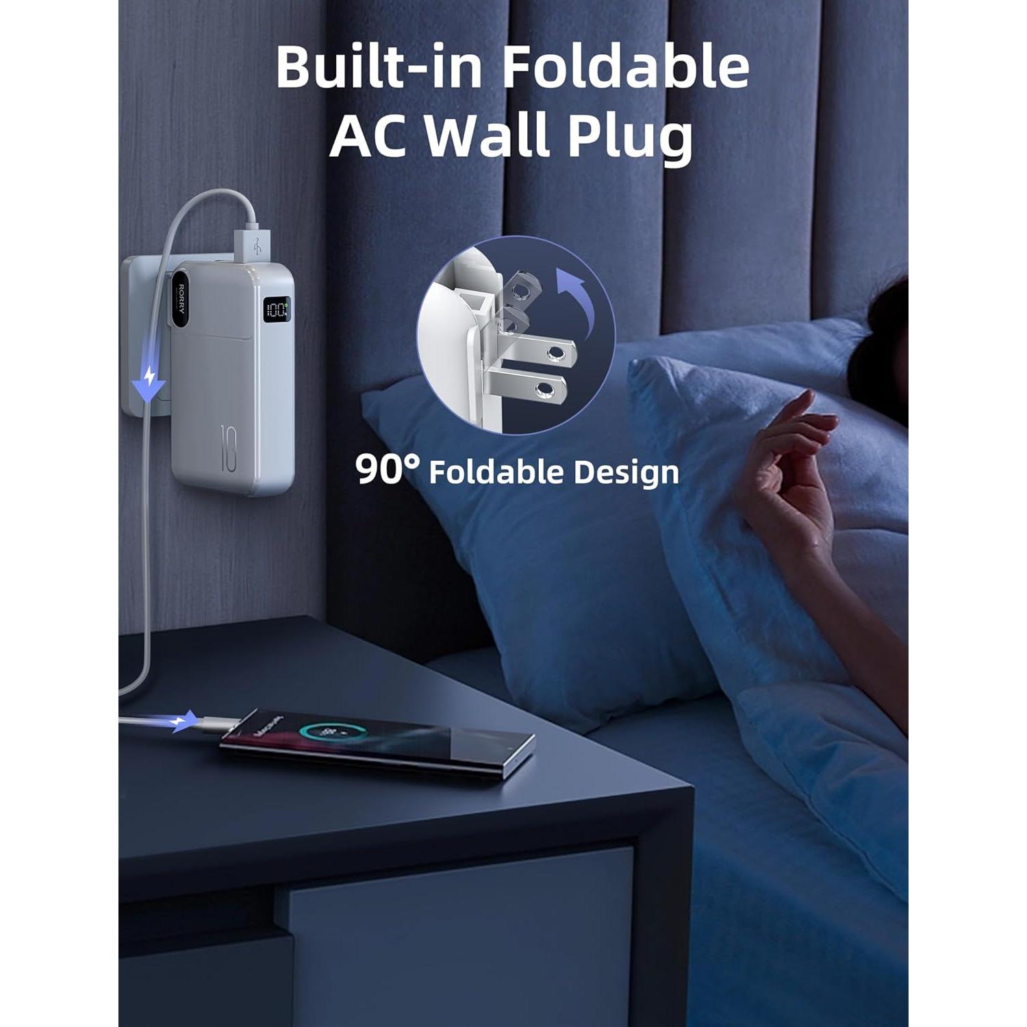 Cargador Portátil RORRY 10000mAh con Enchufe y Cables Integrados