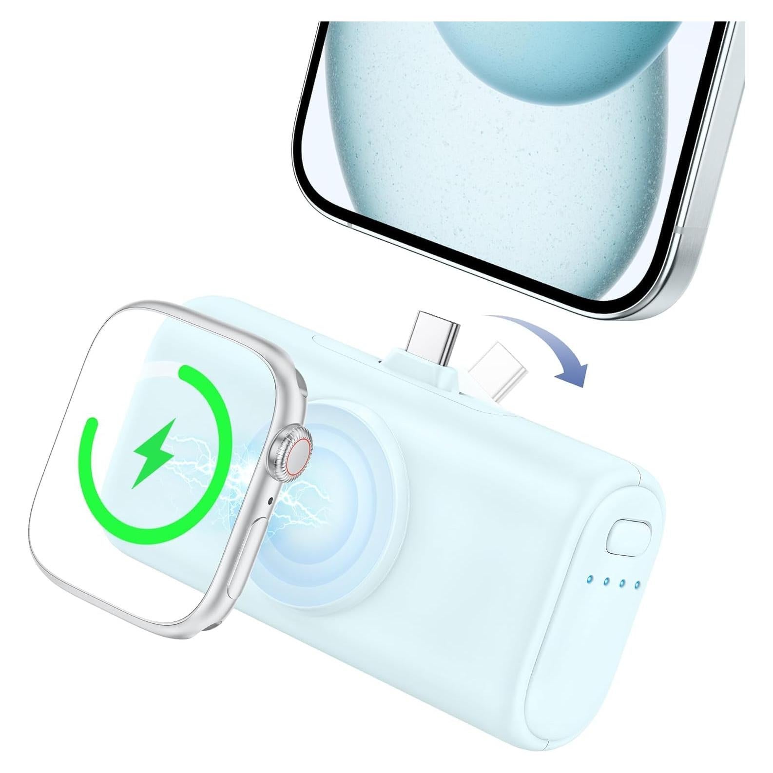 RORRY Portable Charger for iPhone 15 16, Built-in Foldable USB C Connector Power Bank, 5000mAh 15W Fast Charging Small Battery Pack for iPhone 16/15 Plus/Pro/Pro Max, for Apple Watch, Blue