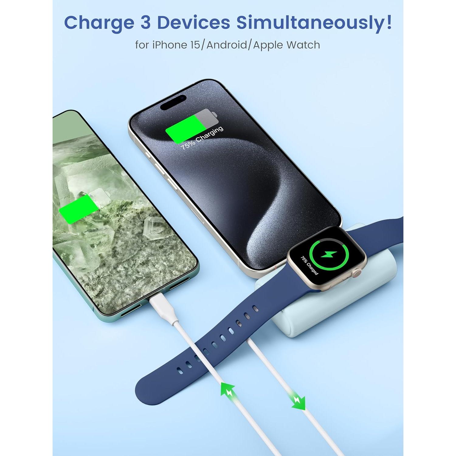 RORRY Portable Charger for iPhone 15 16, Built-in Foldable USB C Connector Power Bank, 5000mAh 15W Fast Charging Small Battery Pack for iPhone 16/15 Plus/Pro/Pro Max, for Apple Watch, Blue