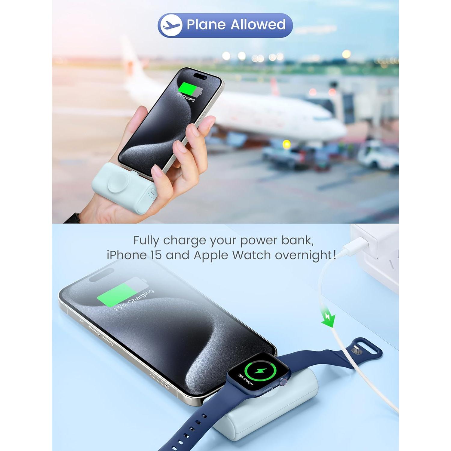 RORRY Portable Charger for iPhone 15 16, Built-in Foldable USB C Connector Power Bank, 5000mAh 15W Fast Charging Small Battery Pack for iPhone 16/15 Plus/Pro/Pro Max, for Apple Watch, Blue