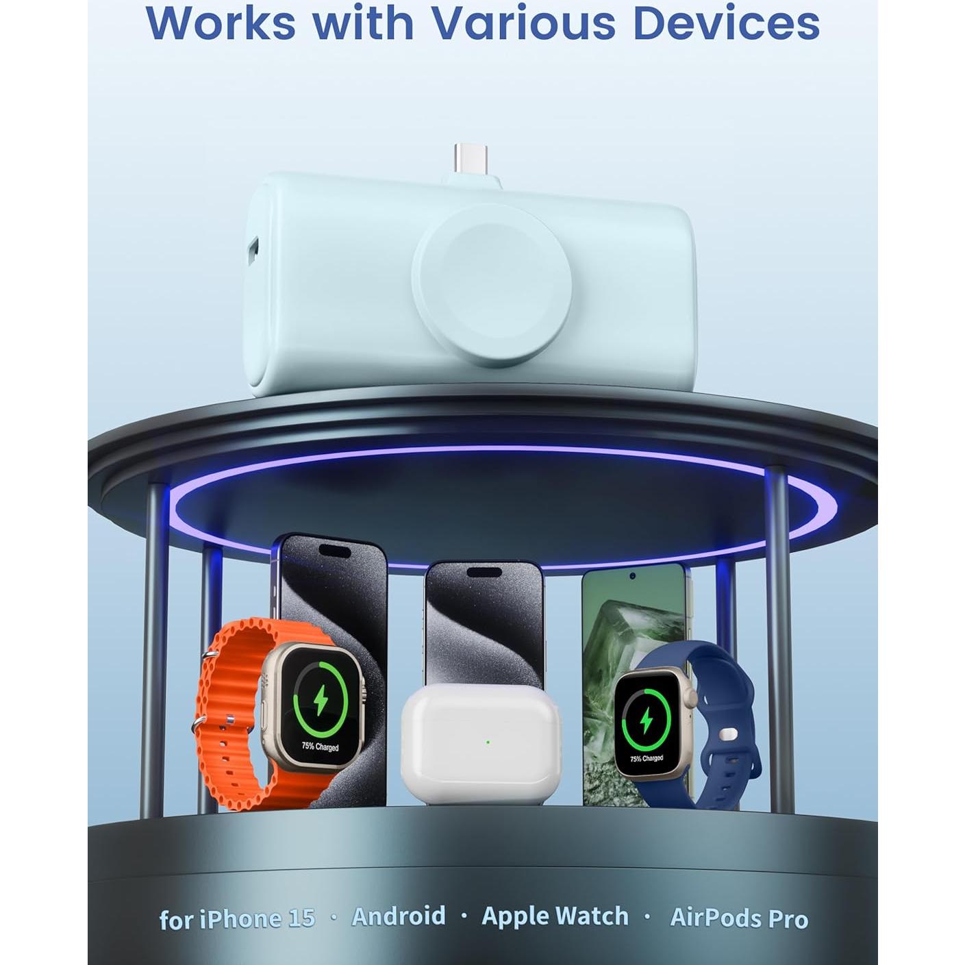 RORRY Portable Charger for iPhone 15 16, Built-in Foldable USB C Connector Power Bank, 5000mAh 15W Fast Charging Small Battery Pack for iPhone 16/15 Plus/Pro/Pro Max, for Apple Watch, Blue