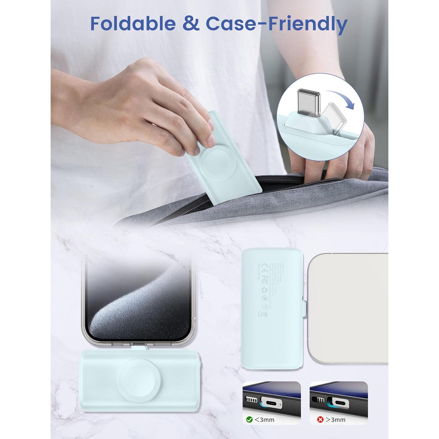 RORRY Portable Charger for iPhone 15 16, Built-in Foldable USB C Connector Power Bank, 5000mAh 15W Fast Charging Small Battery Pack for iPhone 16/15 Plus/Pro/Pro Max, for Apple Watch, Blue