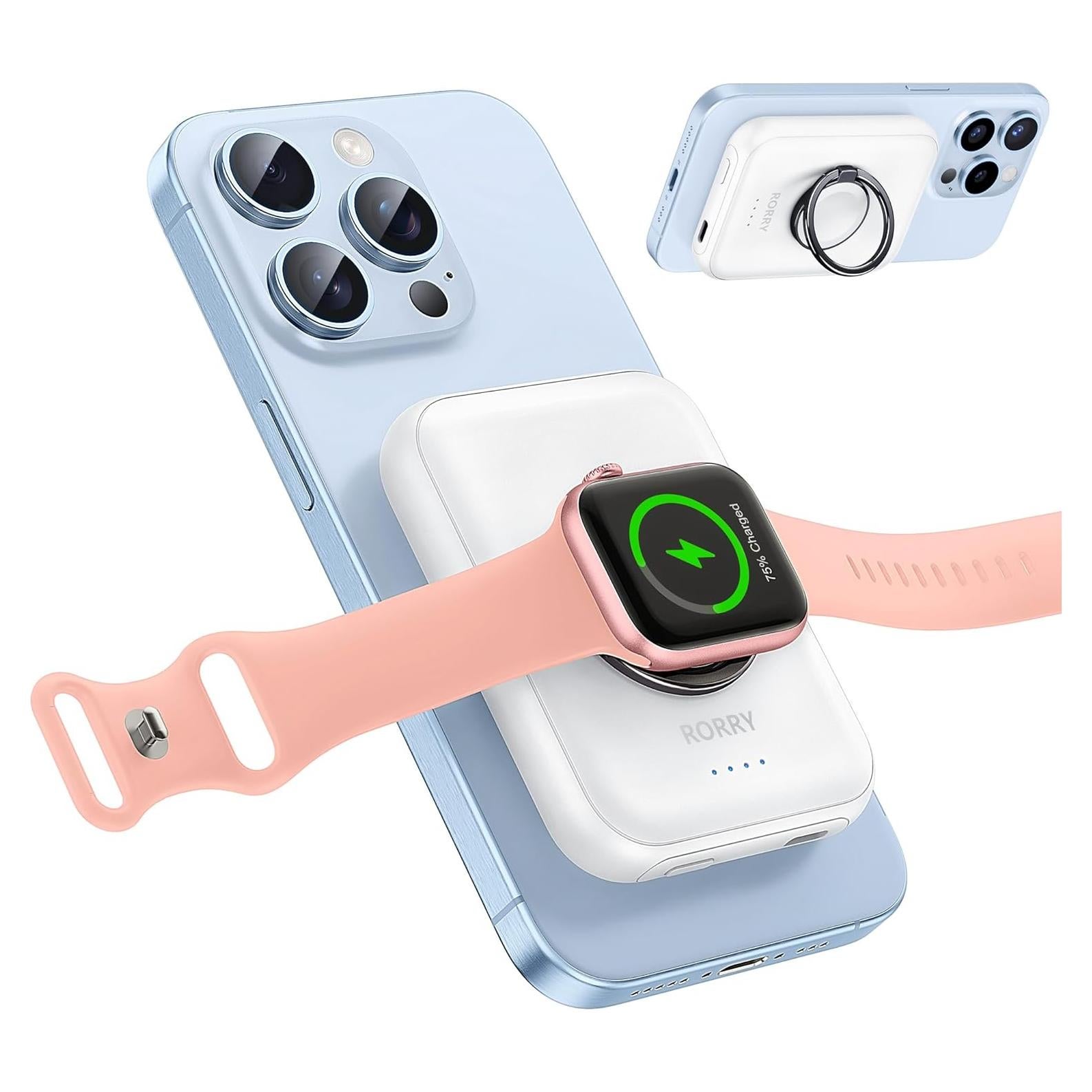 for Magsafe Portable Charger, [for iPhone & iWatch] Fast Charging Magnetic Power Bank, 5000mAh for Wireless Portable Charger, for Magsafe Battery Pack with Finger Ring, White