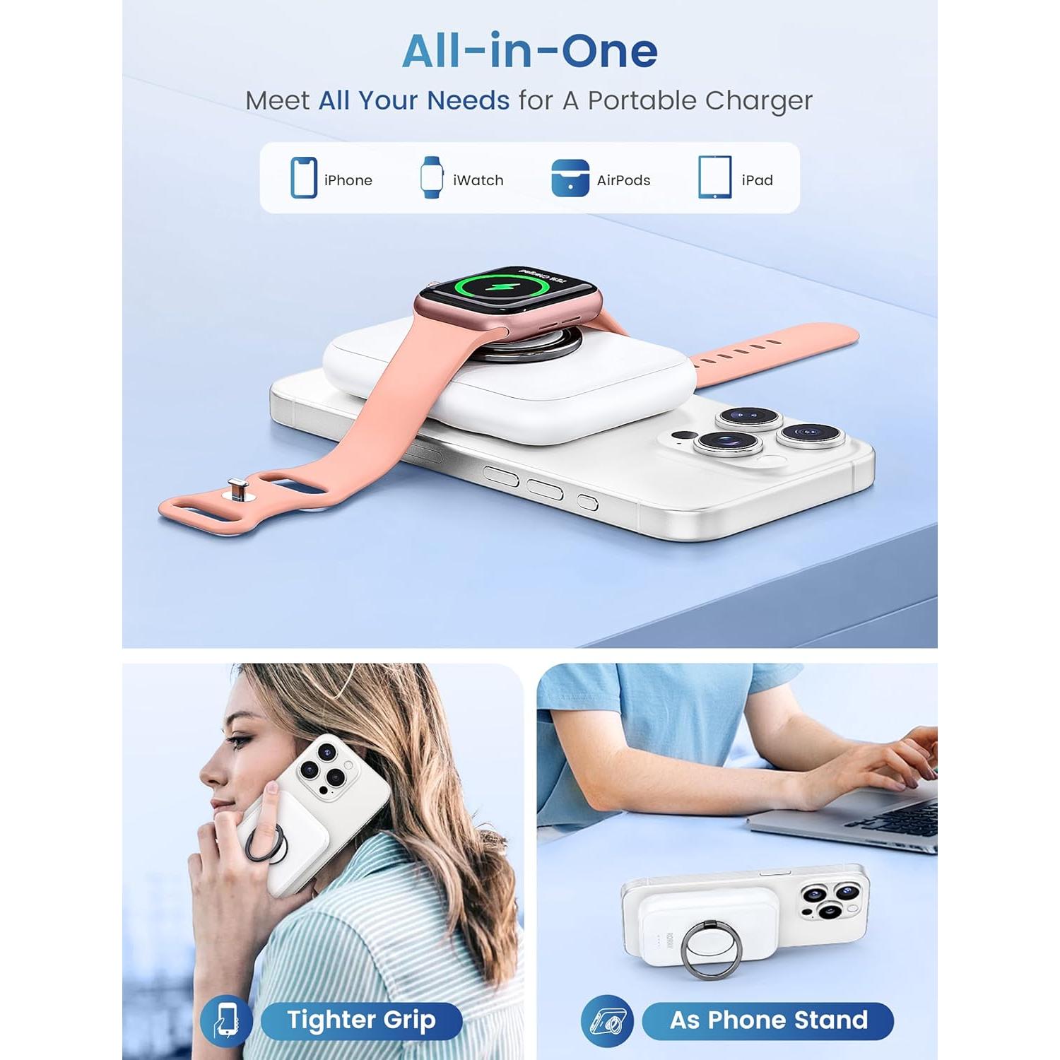 for Magsafe Portable Charger, [for iPhone & iWatch] Fast Charging Magnetic Power Bank, 5000mAh for Wireless Portable Charger, for Magsafe Battery Pack with Finger Ring, White