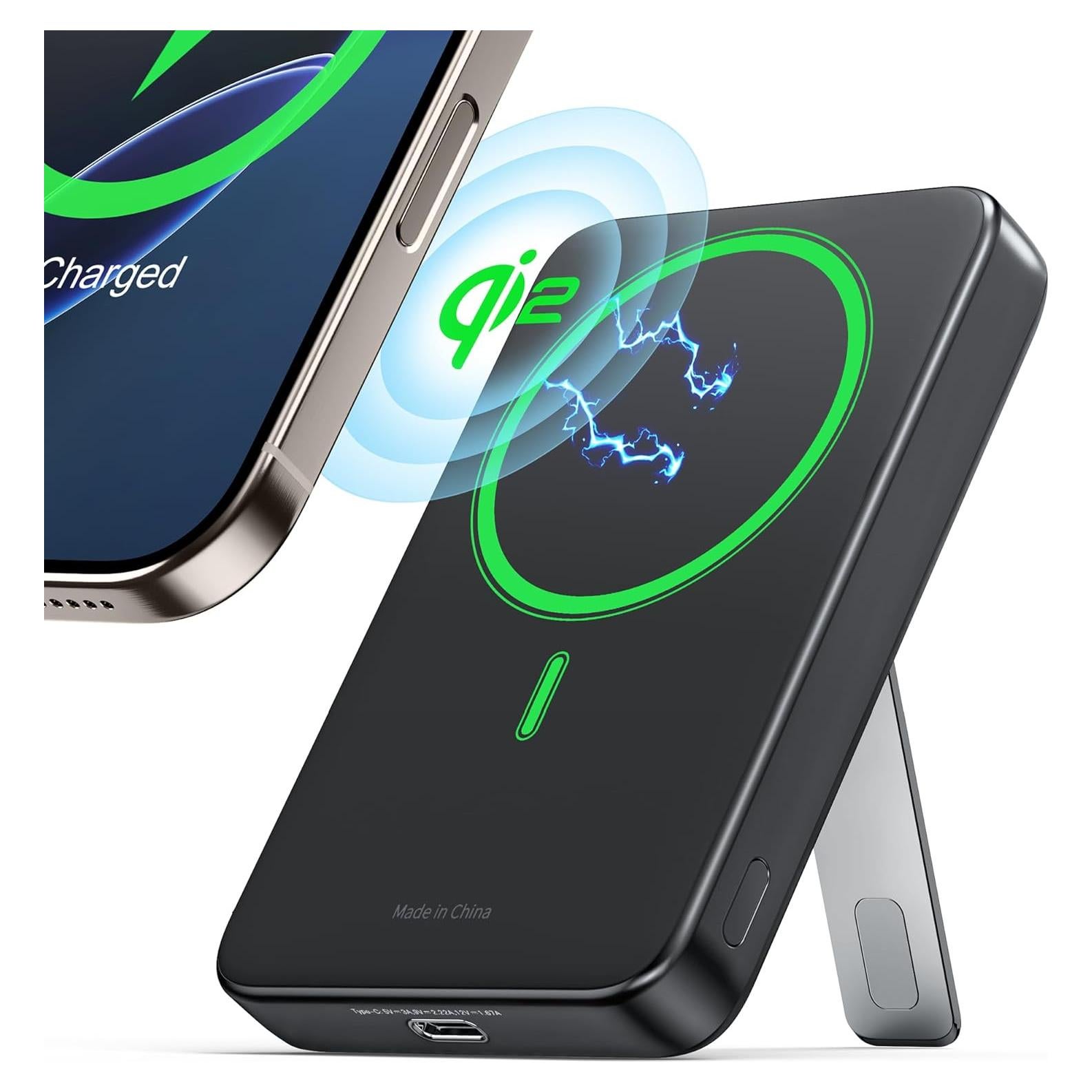 for Magsafe Battery Pack, Qi2 Certificated 10,000mAh Fast Charging Magnetic Power Bank, 20W USB C Portable Wireless Charger for iPhone with Foldable Stand, Compatible with iPhone 17/16/15,Black